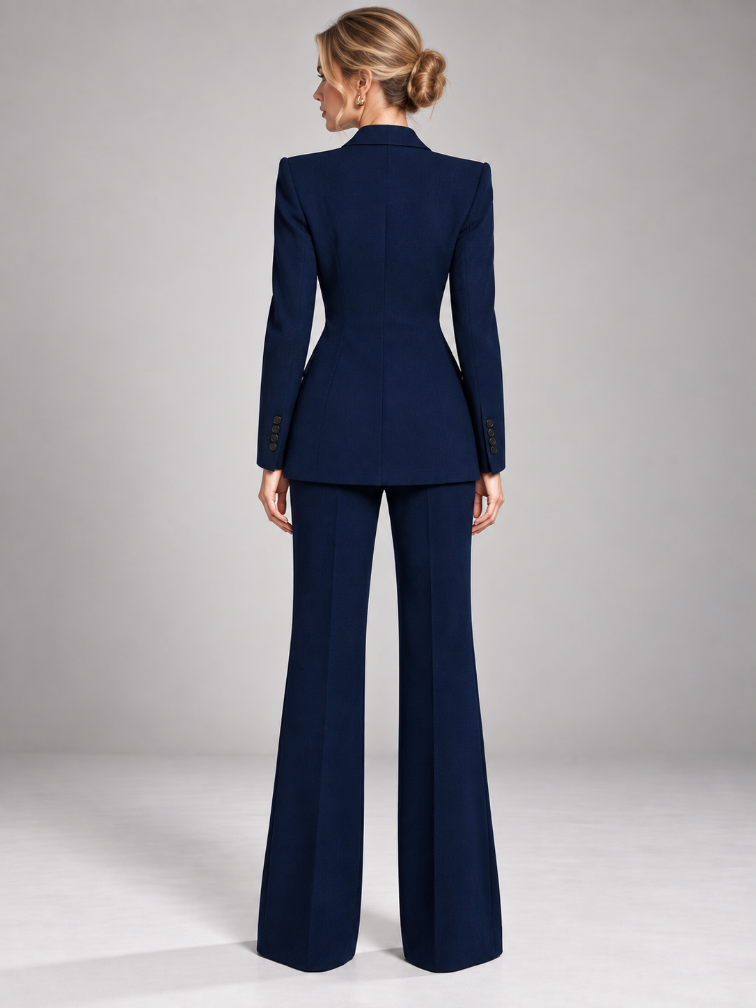Dark Blue Single Breasted Blazer With Peak Lapels And Slightly Flared Pants 2-Piece Suit