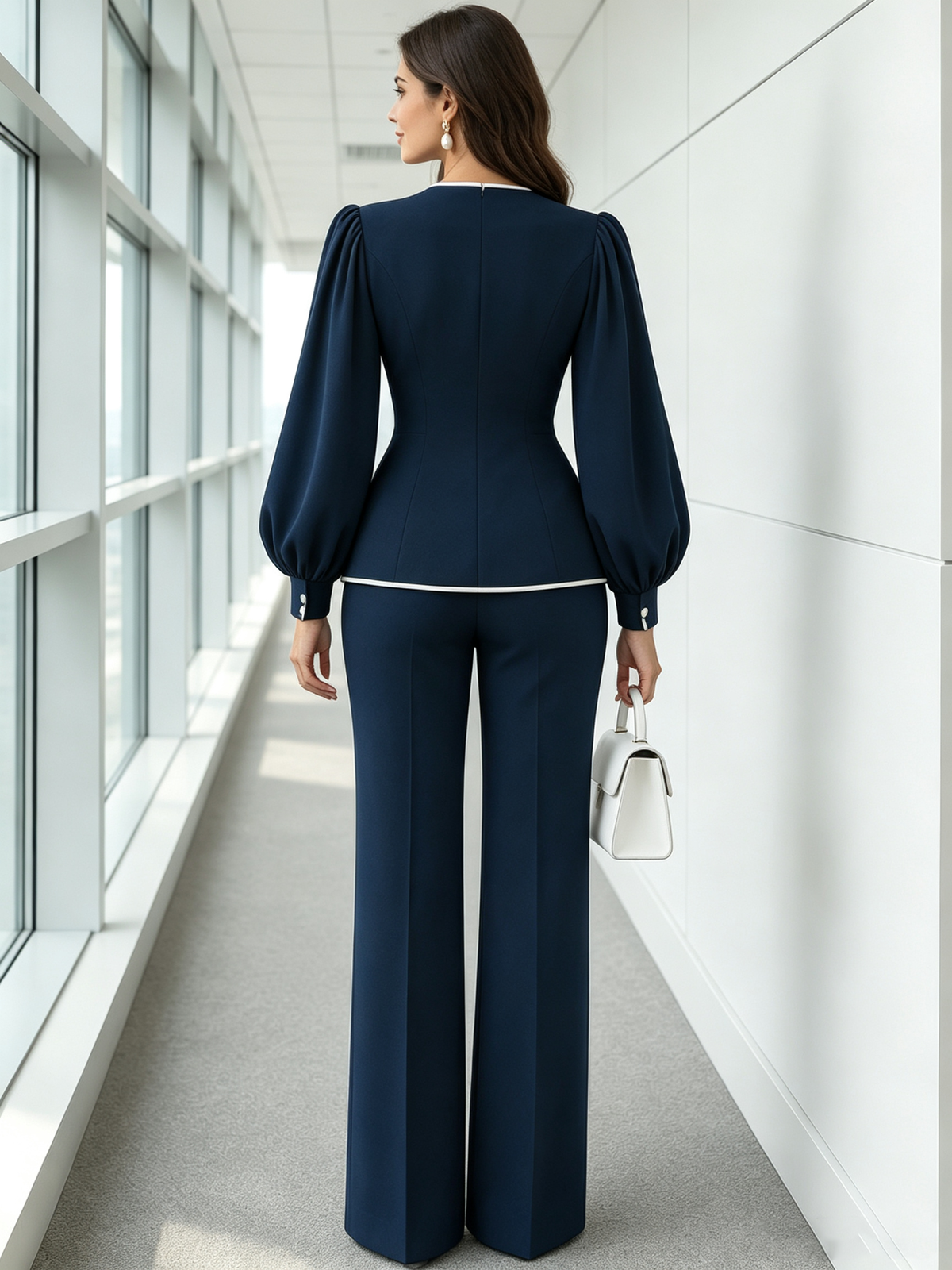 Navy Round Neck Balloon Sleeve Peplum Blazer And Wide Leg Pants 2-Piece Suit