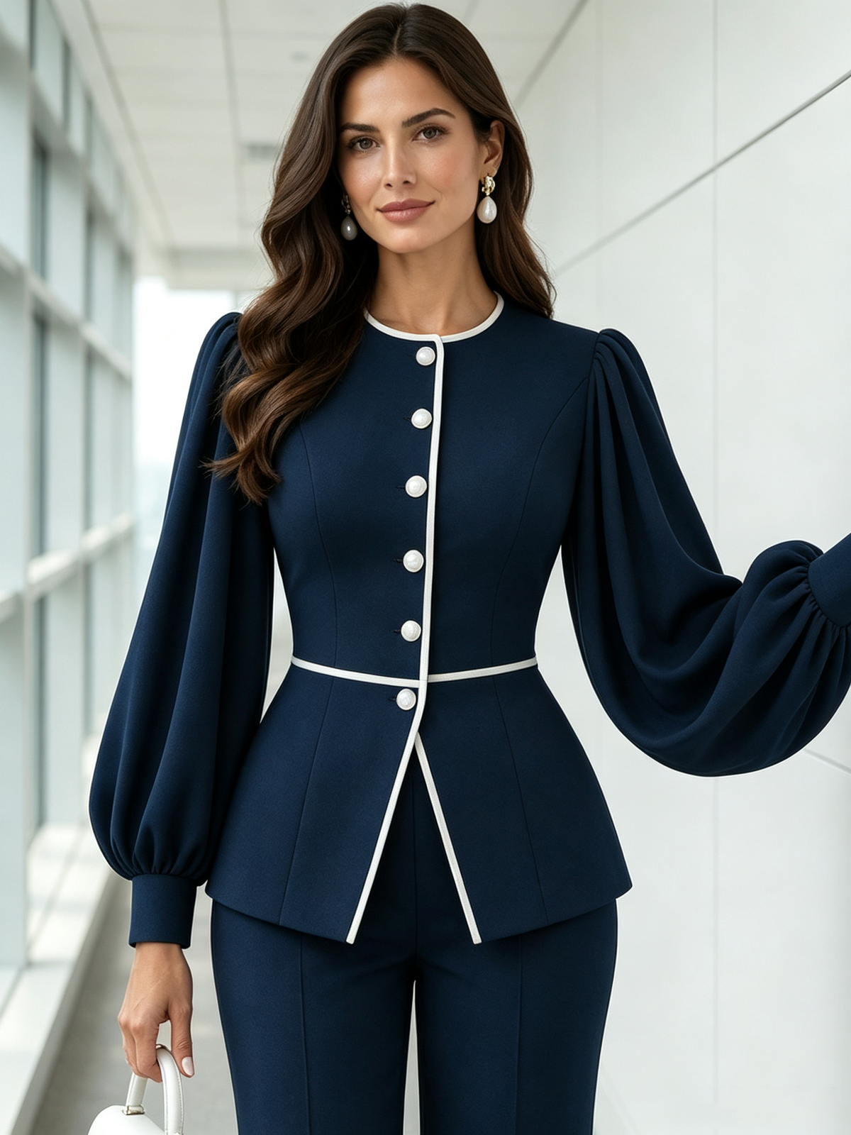 Navy Round Neck Balloon Sleeve Peplum Blazer And Wide Leg Pants 2-Piece Suit
