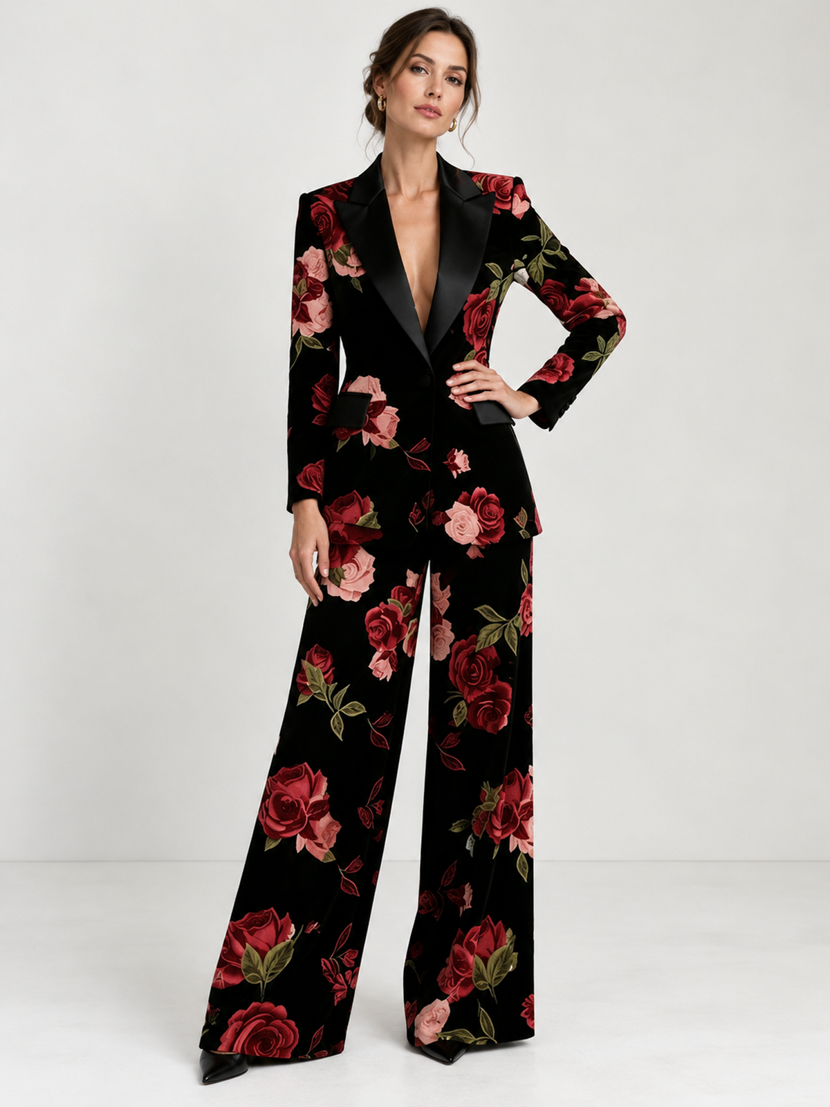 Black Floral Single Breasted Blazer With Satin Peak Lapels And Wide Leg Pants 2-Piece Suit