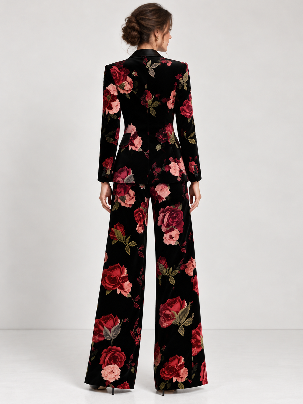 Black Floral Single Breasted Blazer With Satin Peak Lapels And Wide Leg Pants 2-Piece Suit