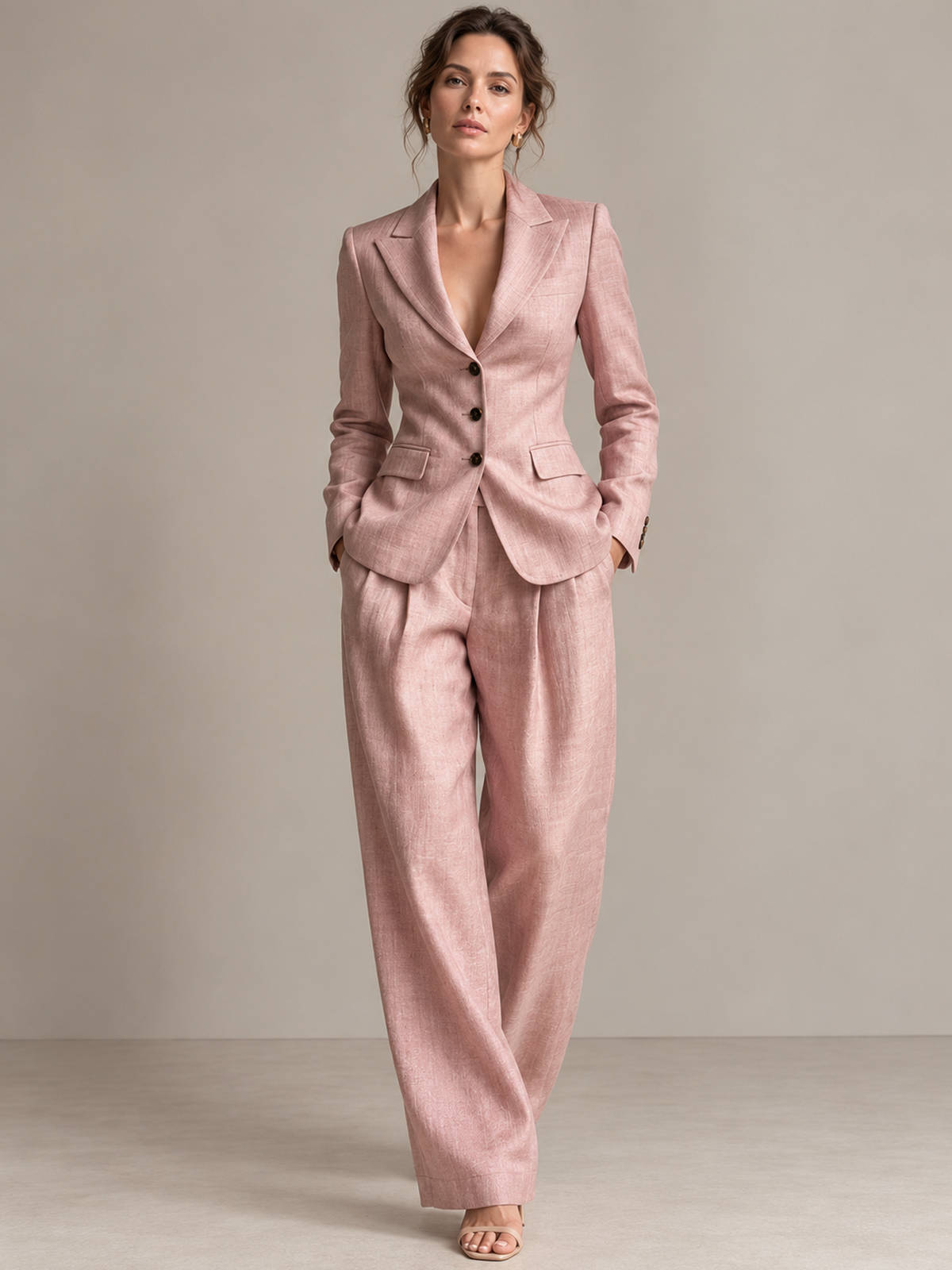 Blush Pink Linen Blend Single Breasted Blazer With Peak Lapels And Wide Leg Pants 2-Piece Suit