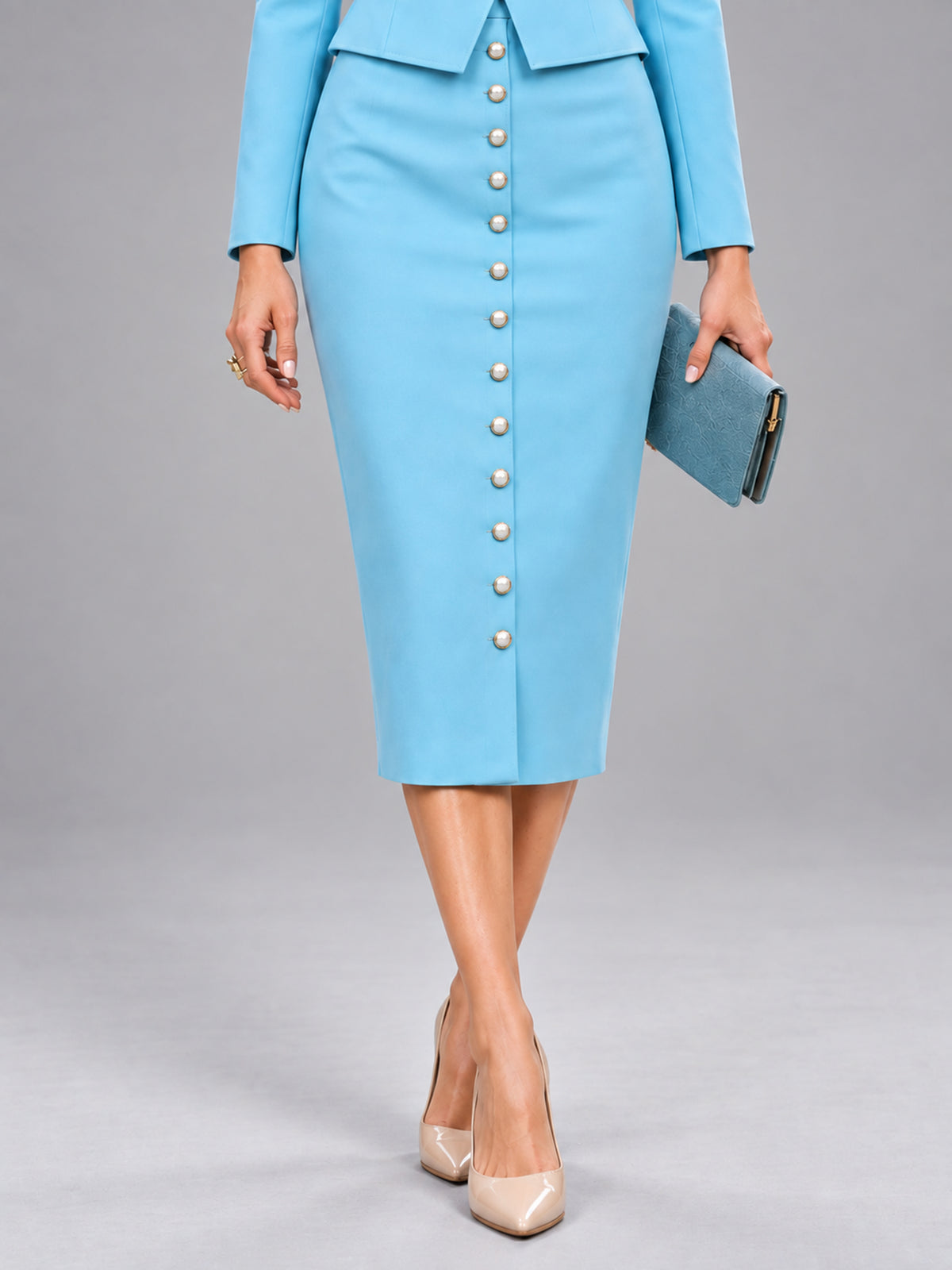 Sky Blue Round Neck Wrap Overlay Cropped Blazer & Button Front Midi Pencil Skirt 2-Piece Suit