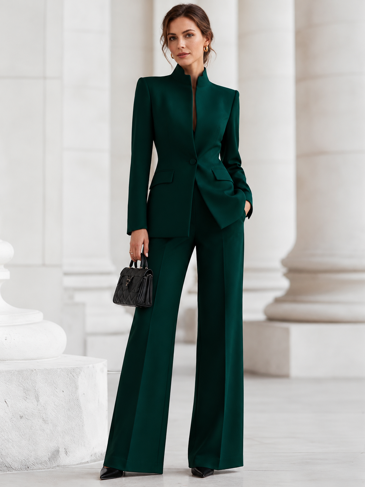 Dark Emerald Green Single Breasted Blazer With Stand Collar And Wide Leg Pants 2-Piece Suit