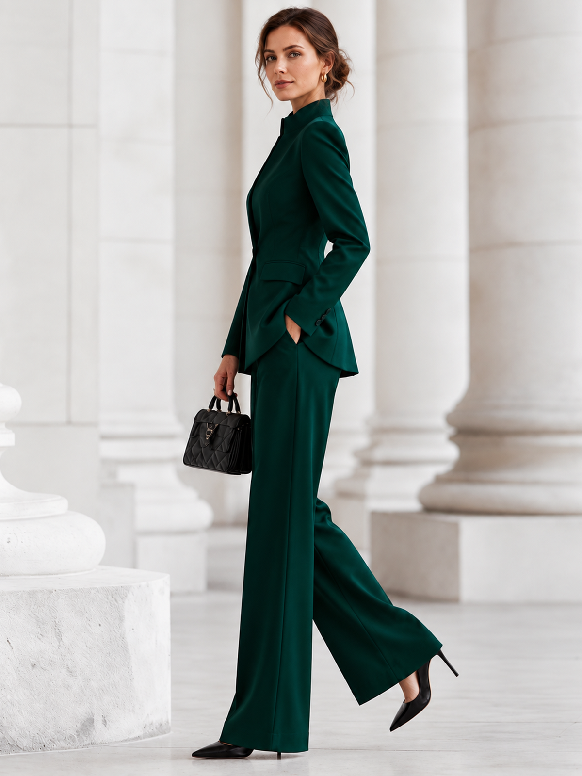 Dark Emerald Green Single Breasted Blazer With Stand Collar And Wide Leg Pants 2-Piece Suit