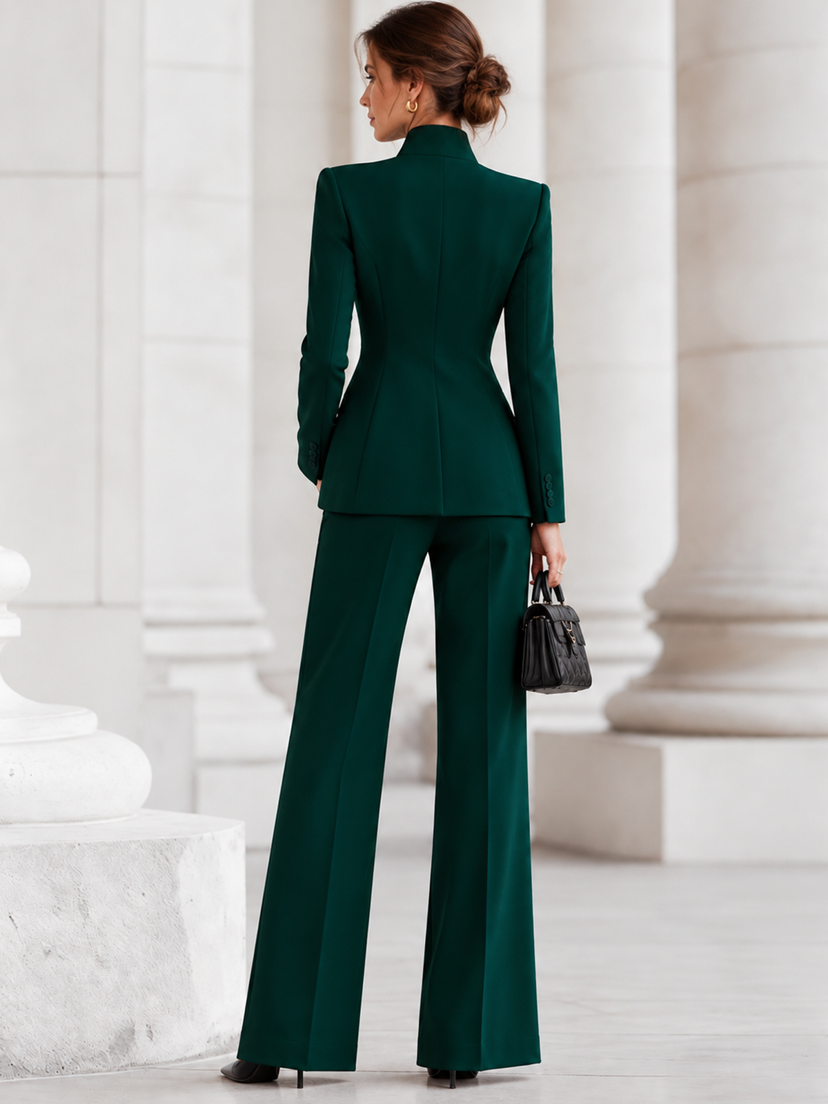 Dark Emerald Green Single Breasted Blazer With Stand Collar And Wide Leg Pants 2-Piece Suit