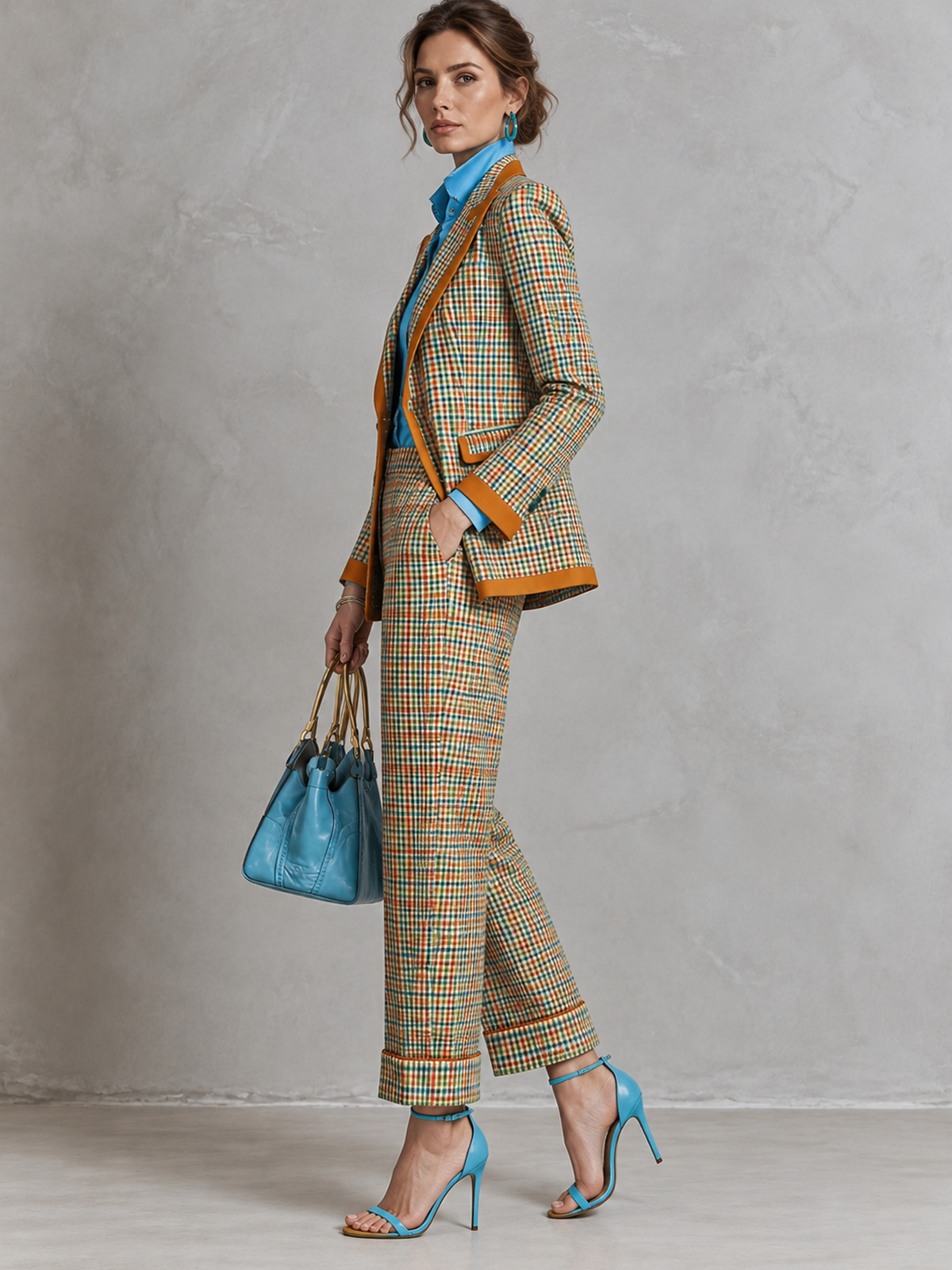 Vintage Multicolor Plaid Single Breasted Blazer With Peak Lapel And High Waist Cropped Pants 2-Piece Suit