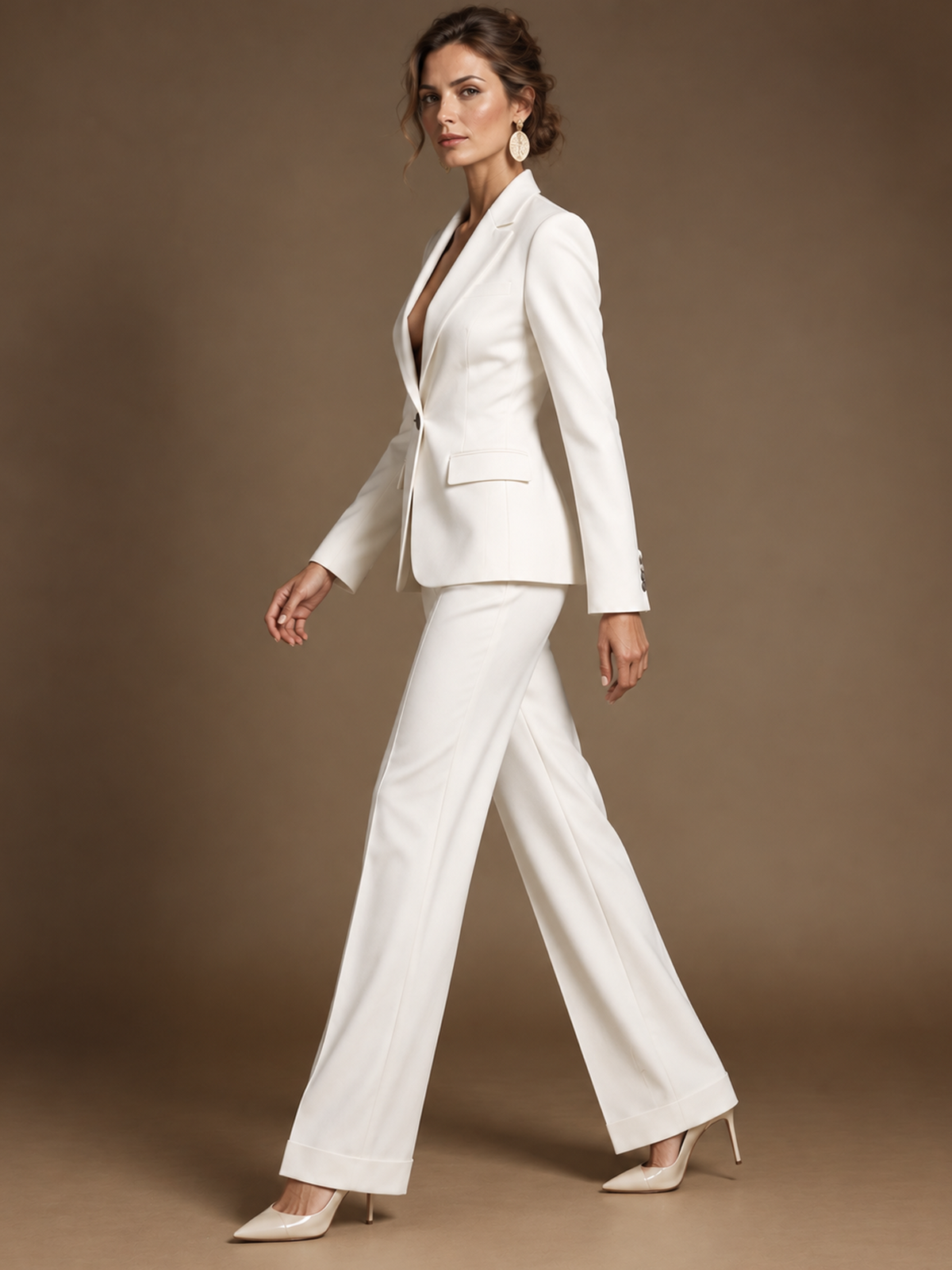 White Single Breasted Blazer With Notch Lapel And High Waist Wide-leg Pants 2-Piece Suit