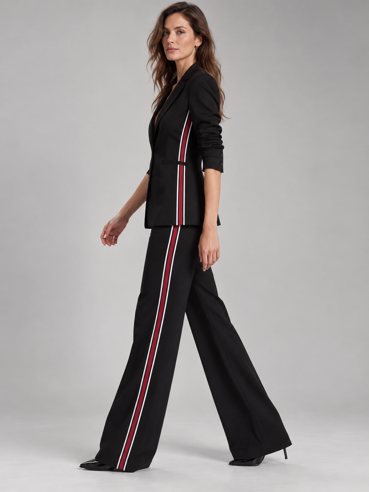 Black Single Breasted Blazer With Notch Lapel And High Waist Flare Pants 2-Piece Suit