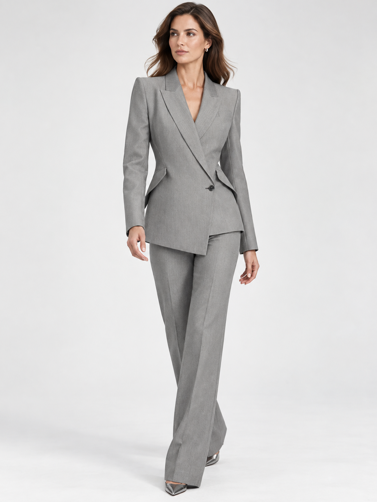 Light-grey Asymmetric Blazer With Peak Lapel And High Waist Flare Pants 2-Piece Suit