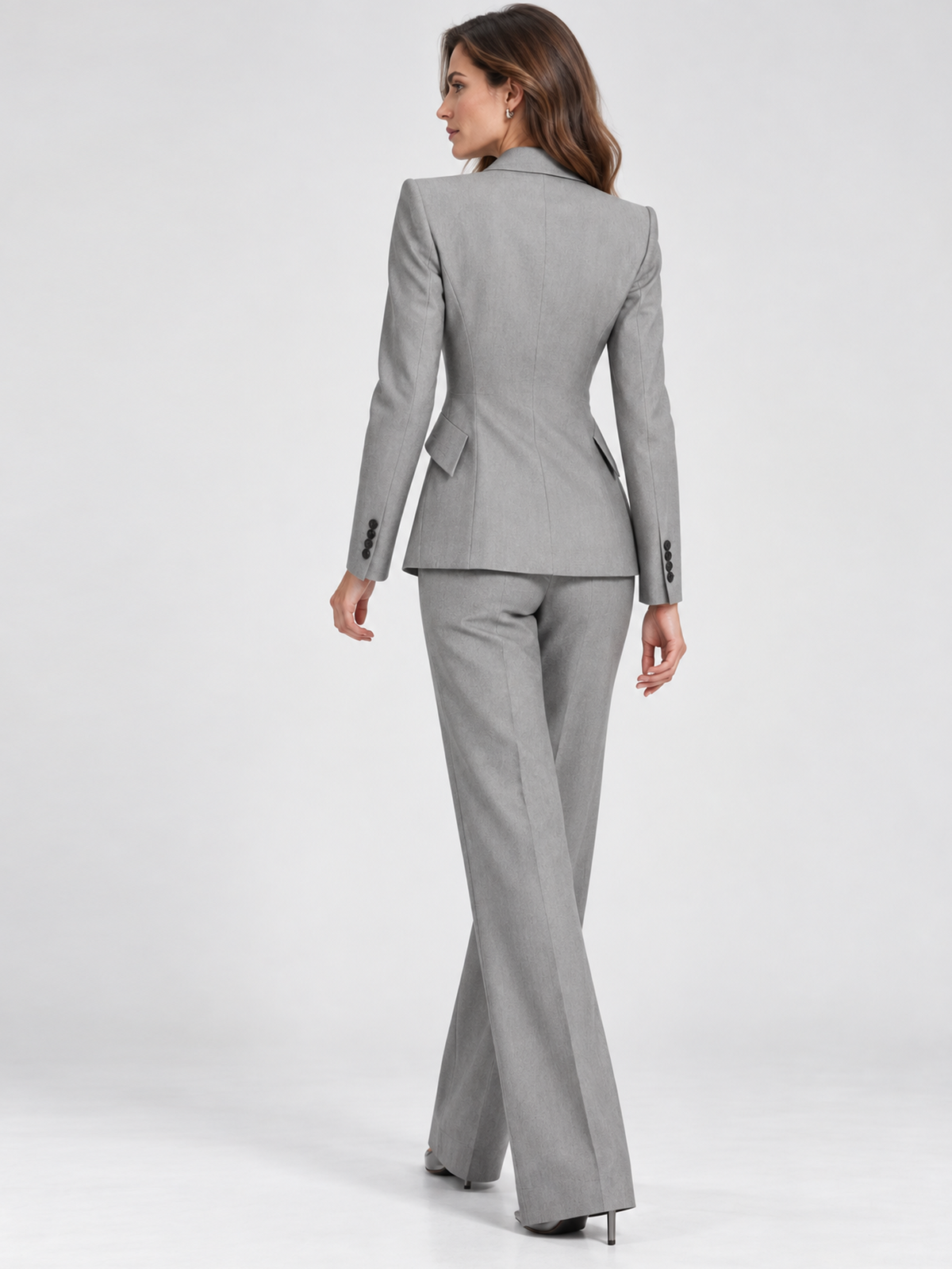 Light-grey Asymmetric Blazer With Peak Lapel And High Waist Flare Pants 2-Piece Suit