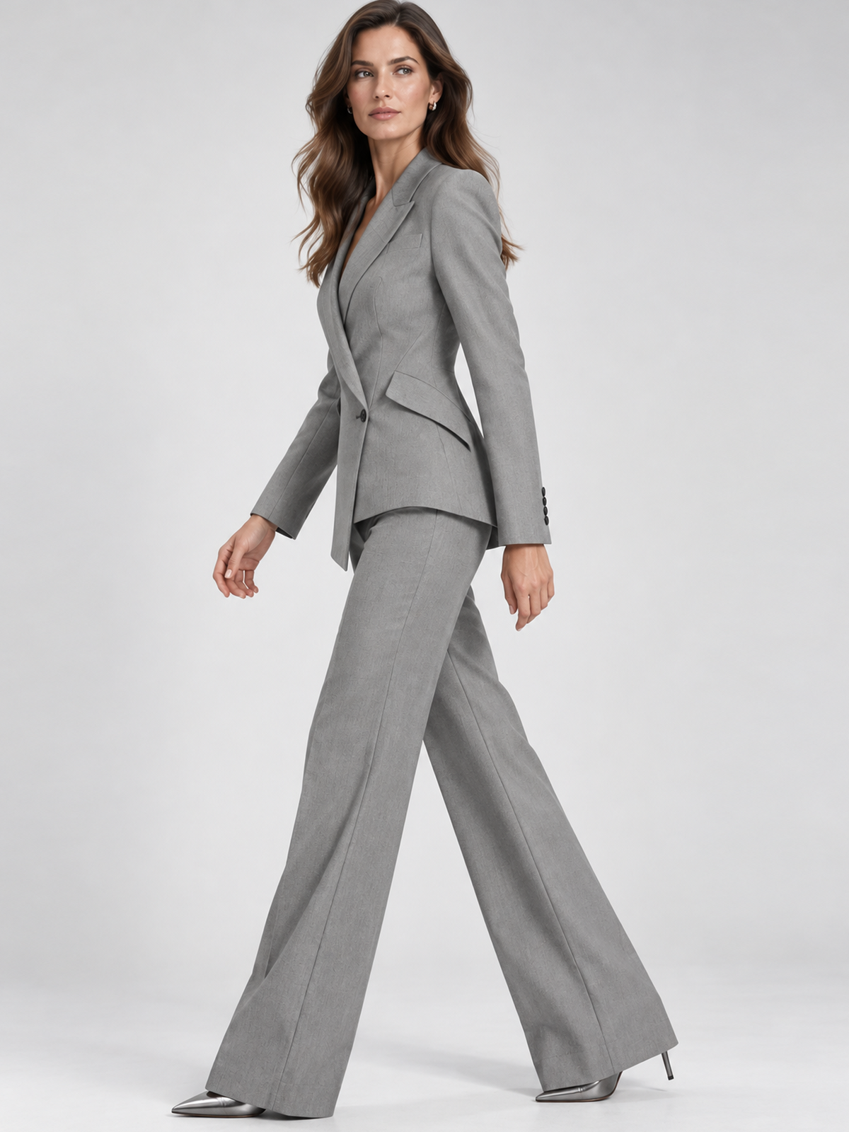 Light-grey Asymmetric Blazer With Peak Lapel And High Waist Flare Pants 2-Piece Suit