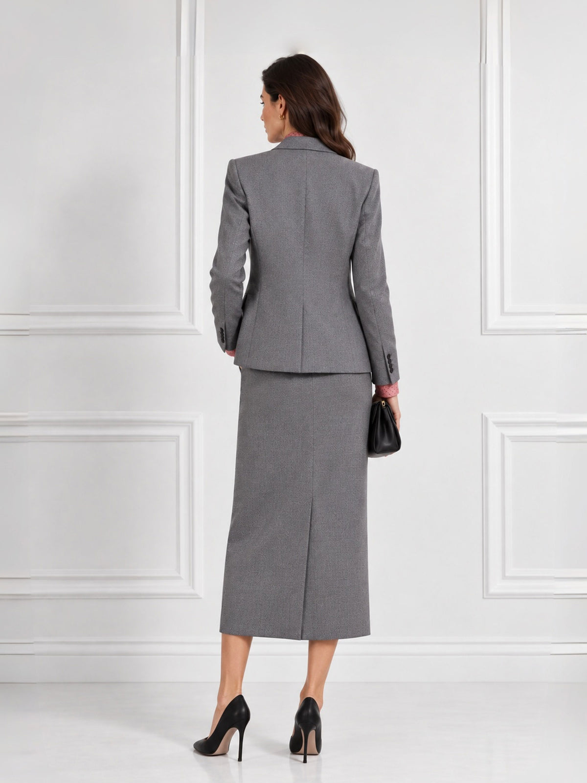 Grey Notch Lapel Blazer & Bodycon Midi Skirt Single Breasted Two Button 2-Piece Suit