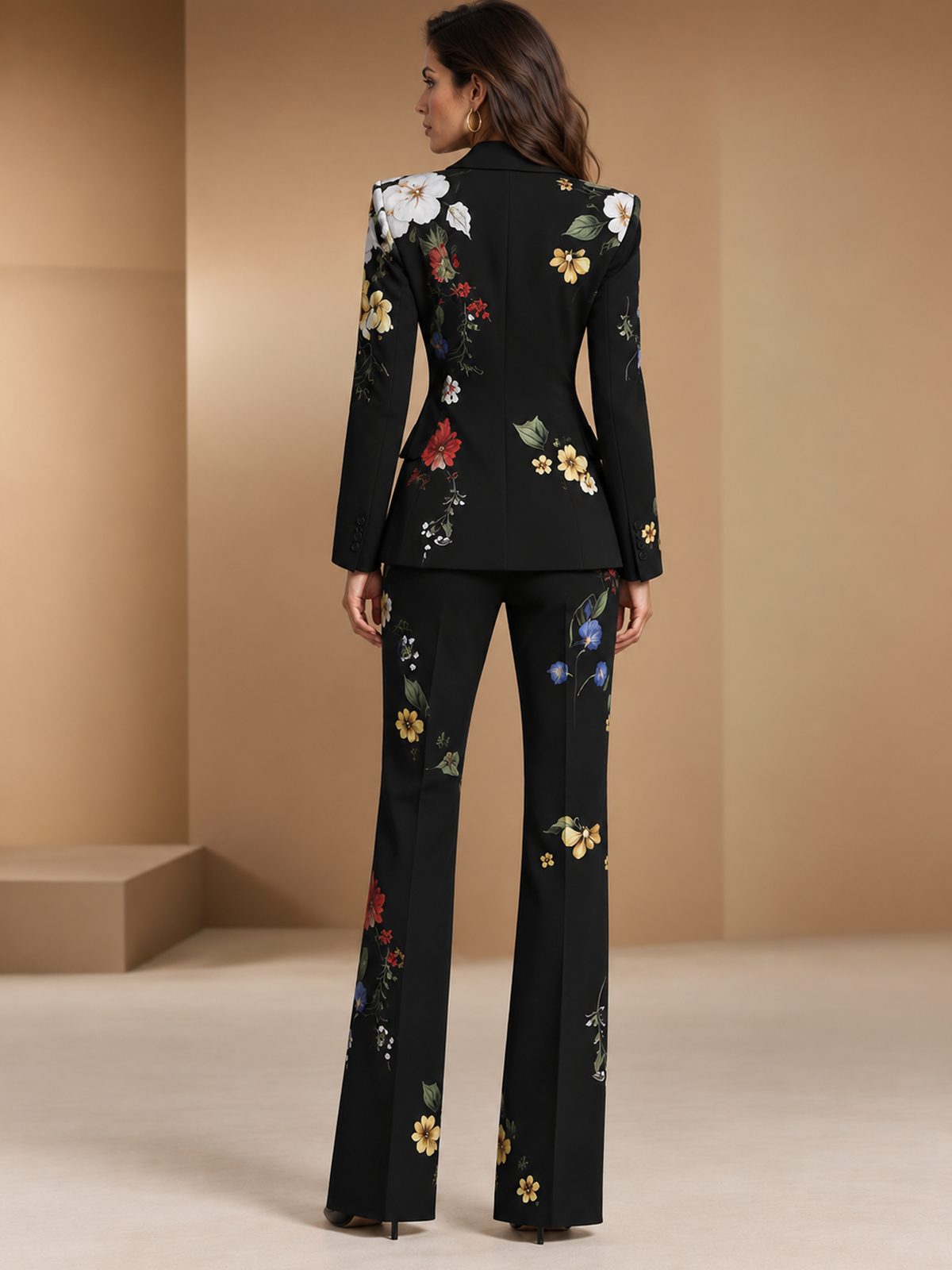 Black Floral Print Blazer With Peak Lapel And High Waist Flared Pants 2-Piece Suit