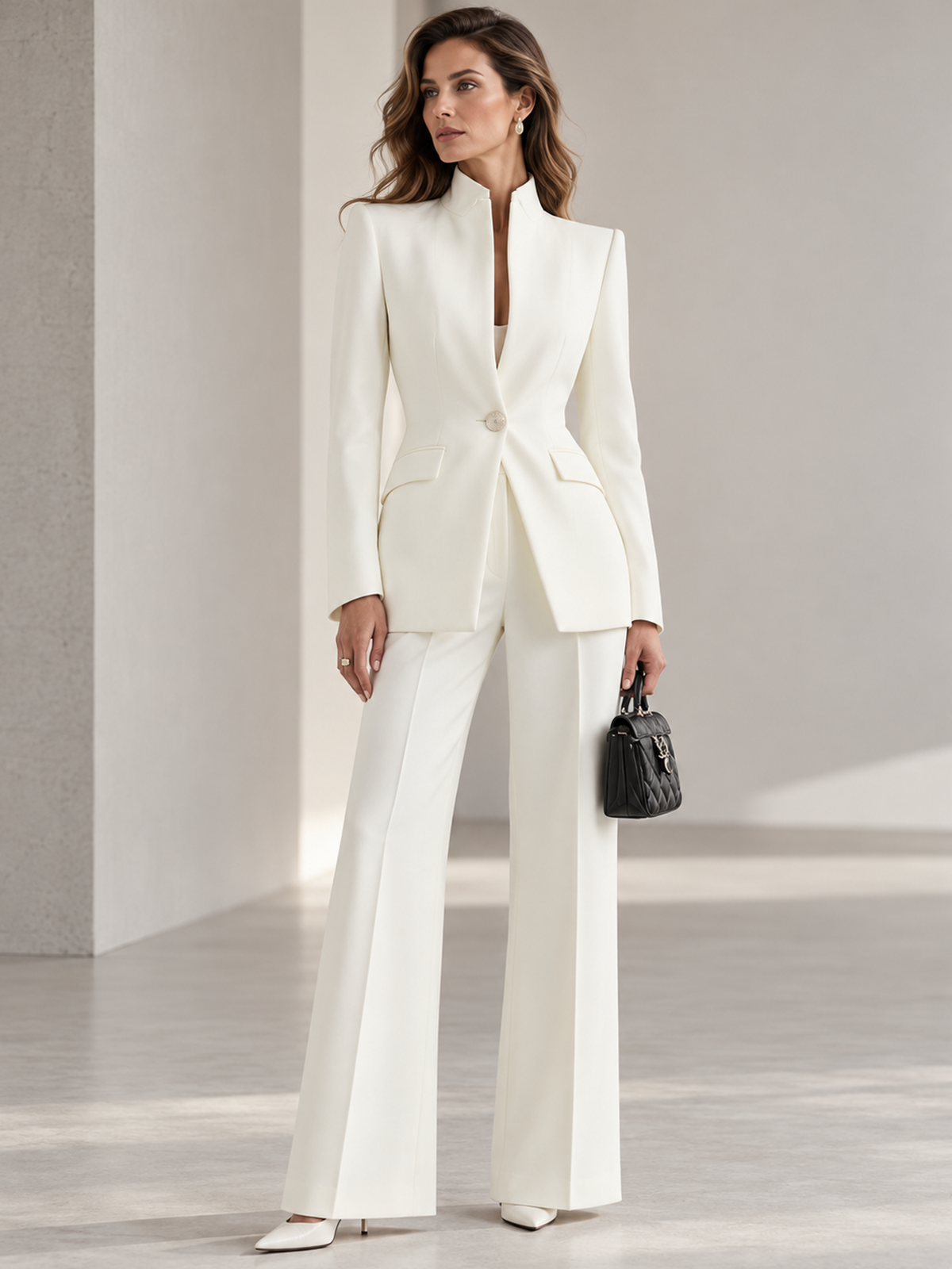 White Blazer With Stand Collar And High Waist Wide Leg Pants 2-Piece Suit
