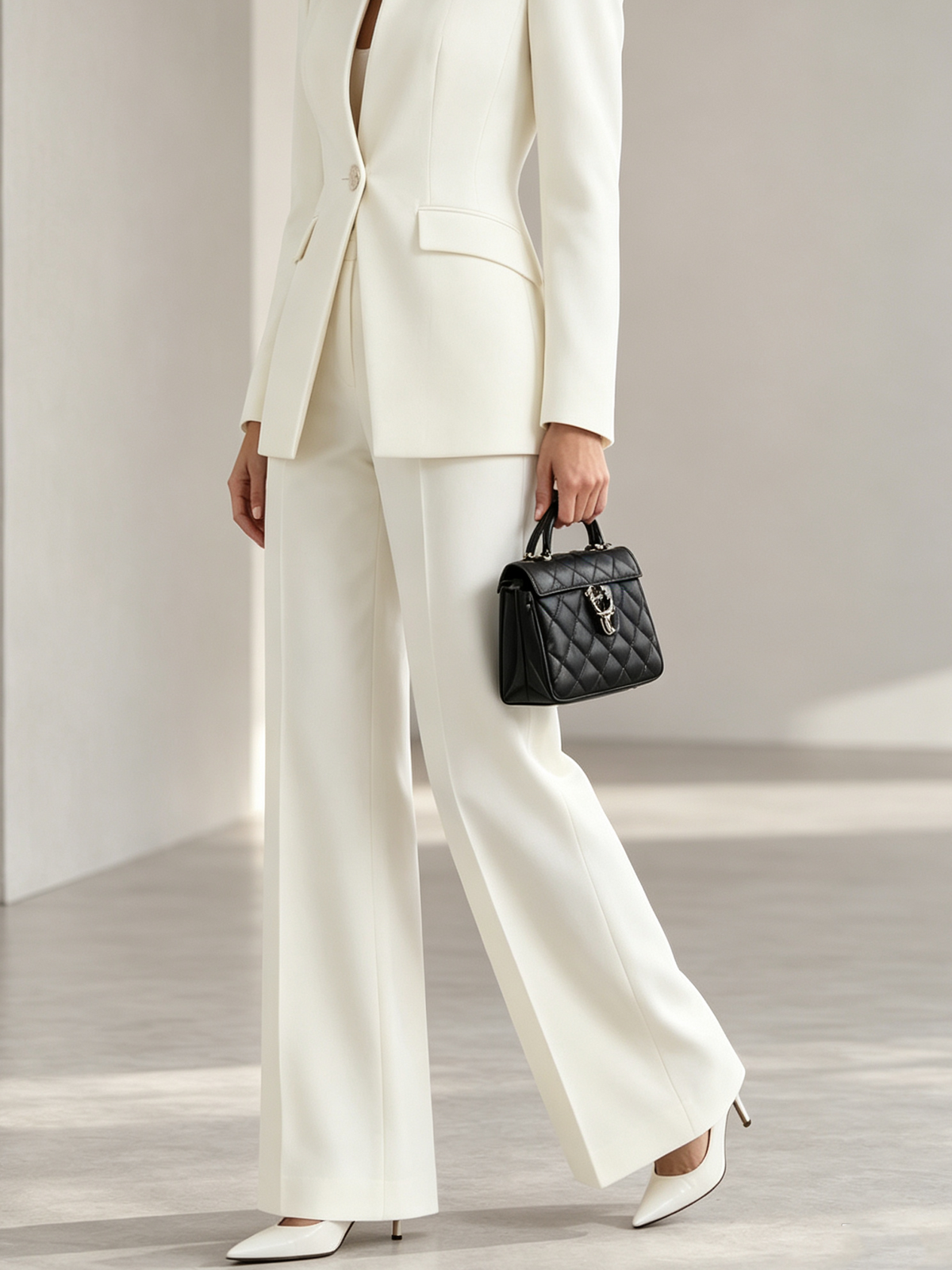 White Blazer With Stand Collar And High Waist Wide Leg Pants 2-Piece Suit
