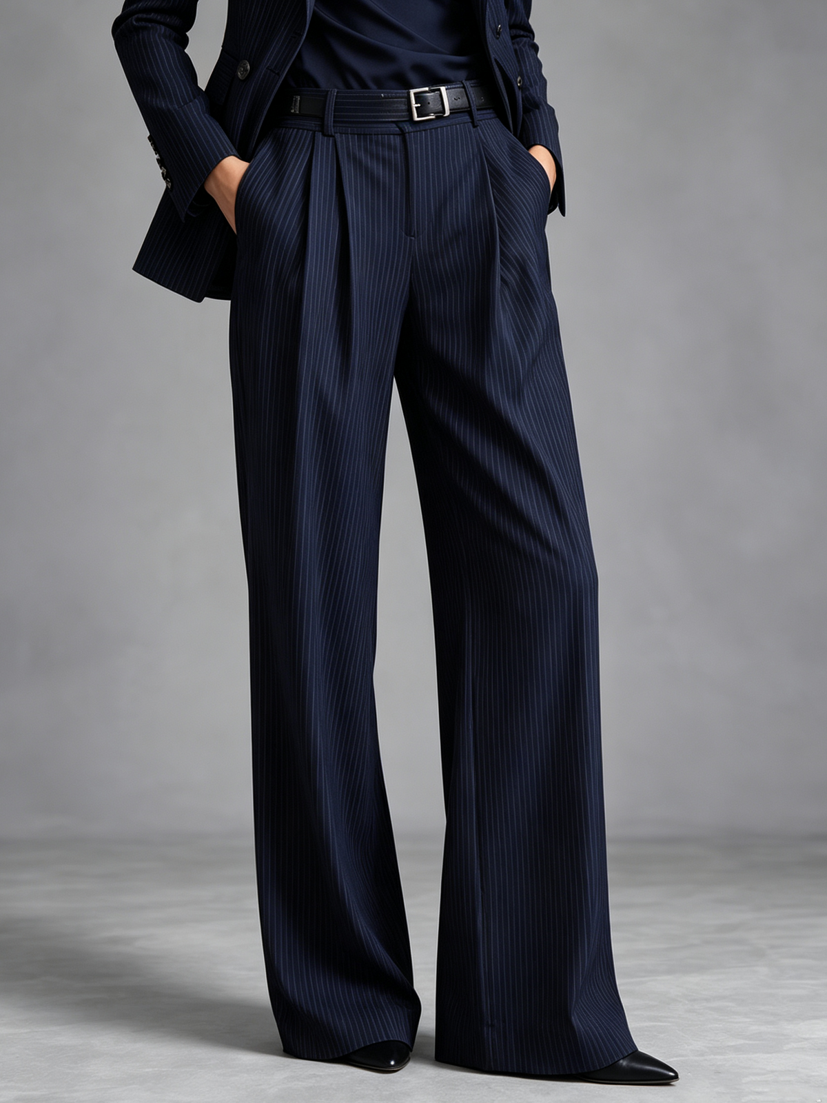 Navy Pinstripe Blazer With Notch Lapel And High Waist Wide Leg Pants 2-Piece Suit