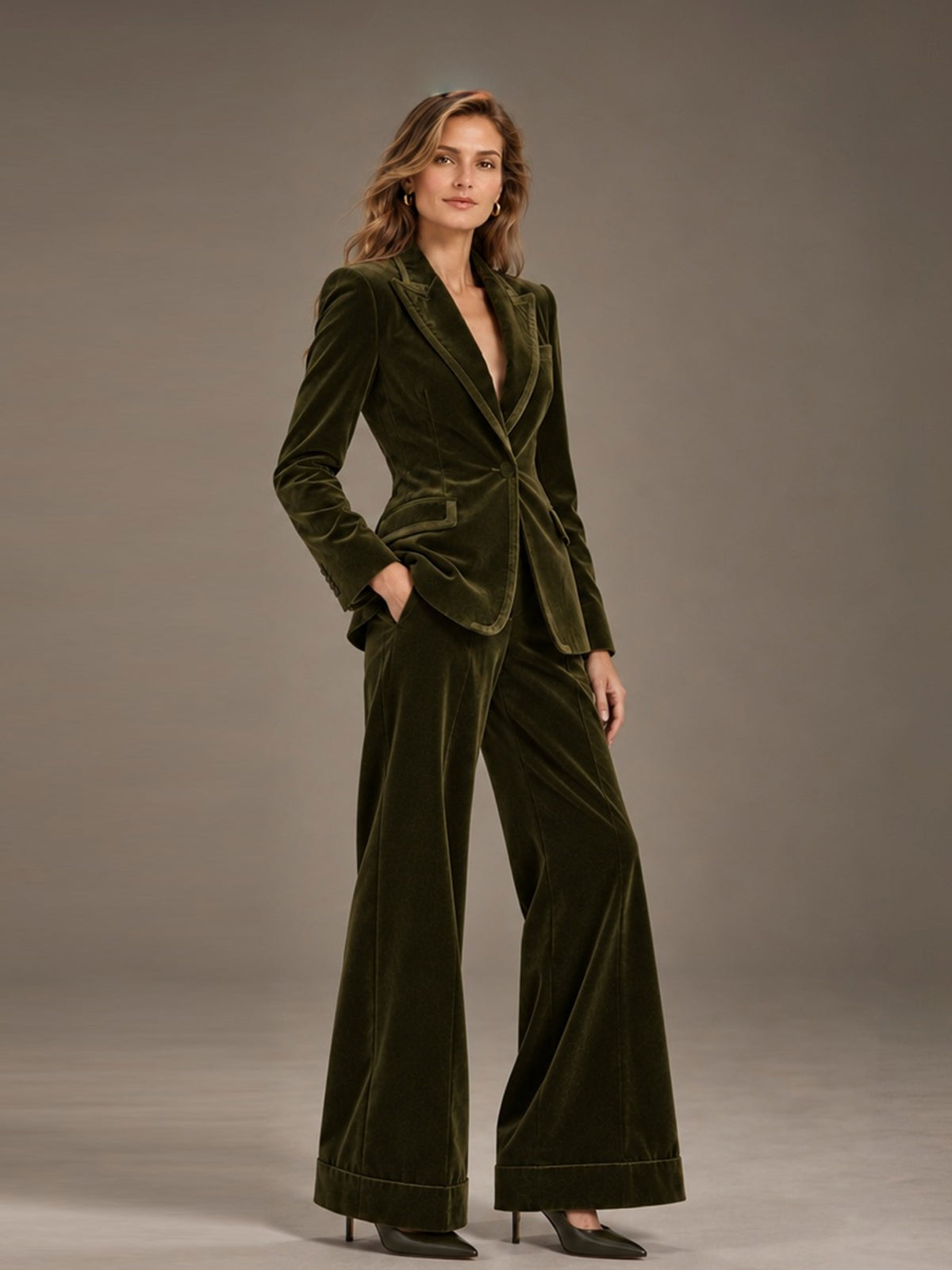 Olive Green Peak Lapel Velvet Blazer & Wide Leg Pants Single Breasted One Button 2-Piece Suit