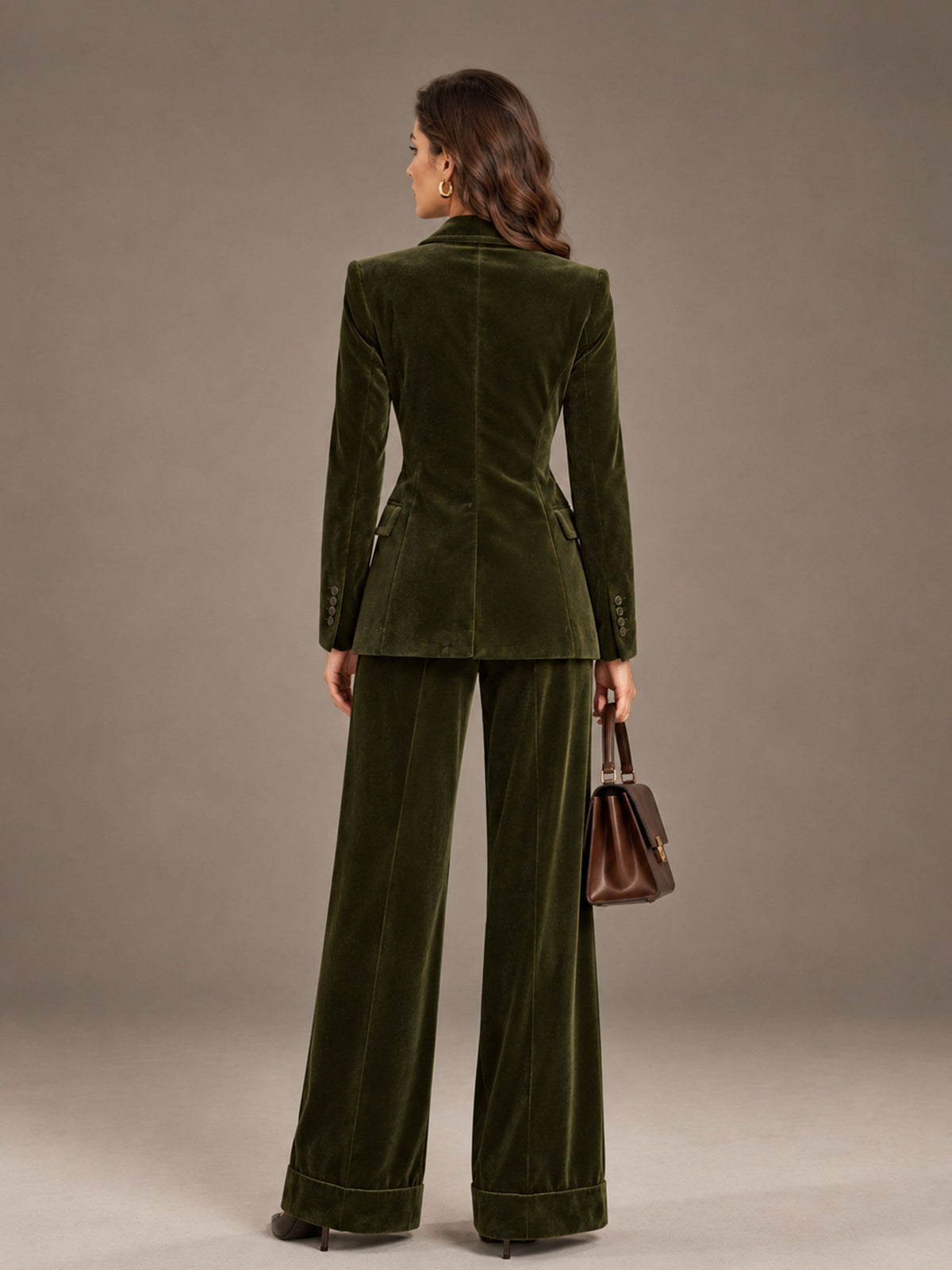Olive Green Peak Lapel Velvet Blazer & Wide Leg Pants Single Breasted One Button 2-Piece Suit
