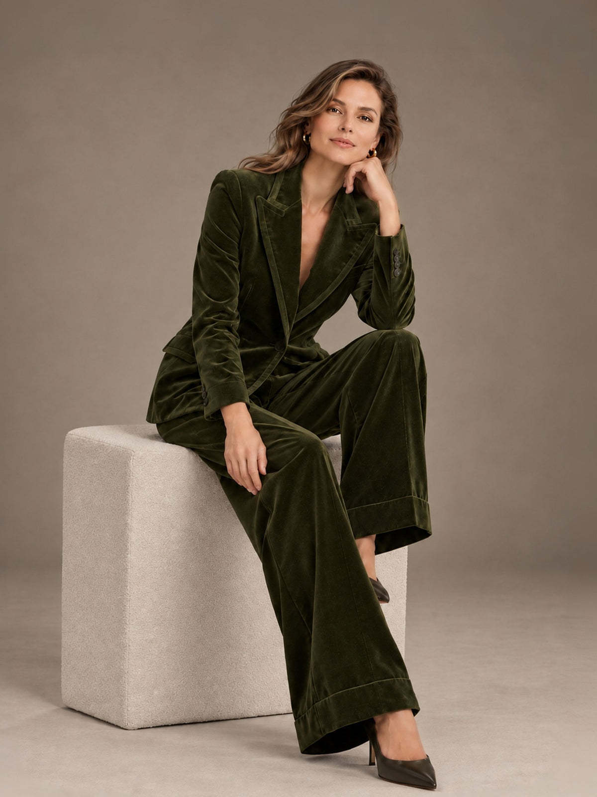 Olive Green Peak Lapel Velvet Blazer & Wide Leg Pants Single Breasted One Button 2-Piece Suit