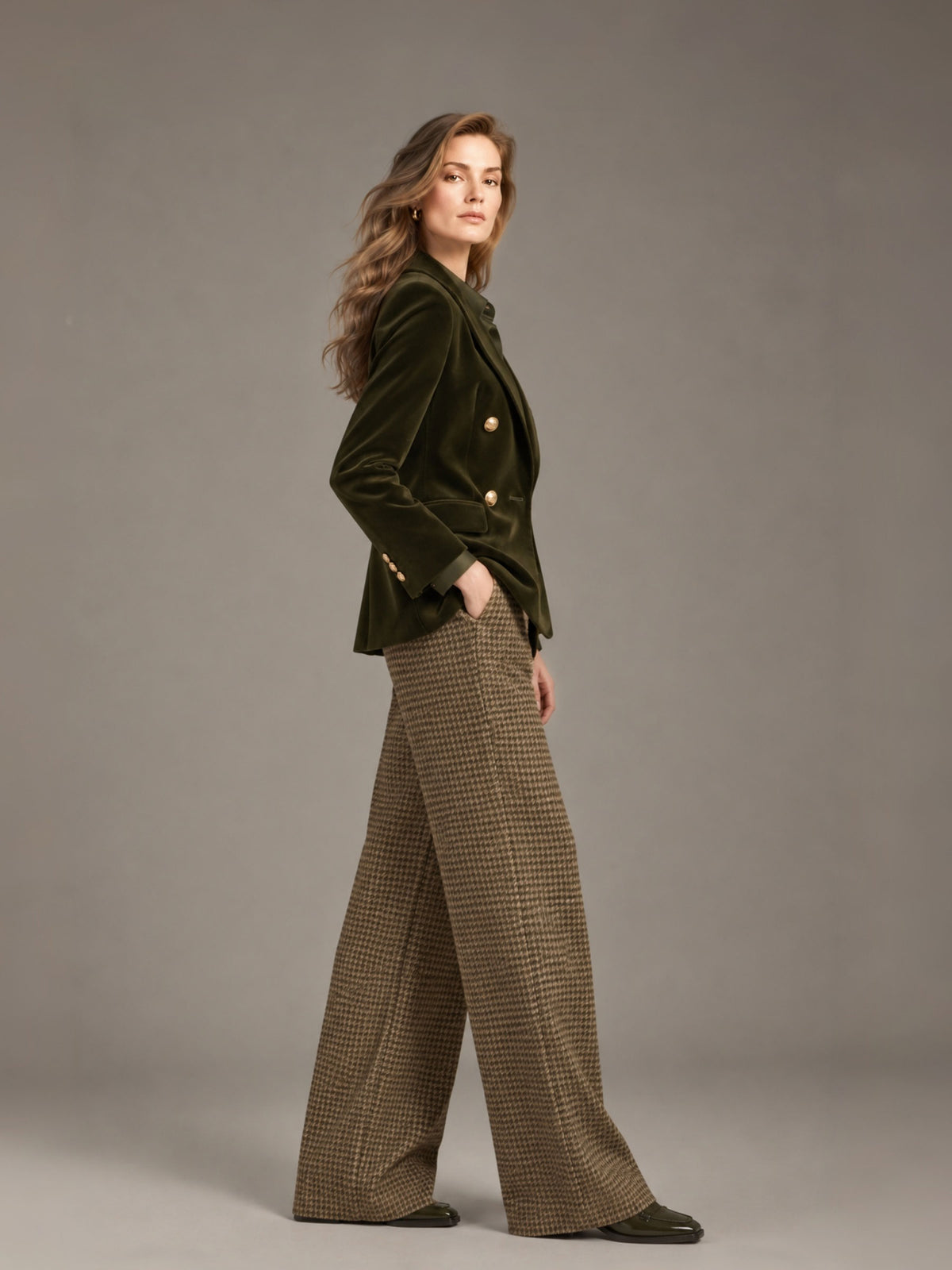 Olive Green Peak Lapel Double-Breasted Four-Button Velvet Blazer & Khaki Plaid Wide Leg Pants 2-Piece Suit