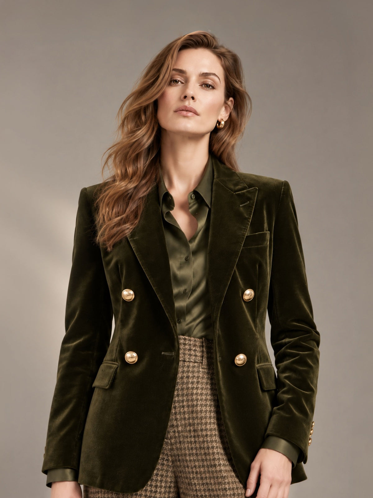 Olive Green Peak Lapel Double-Breasted Four-Button Velvet Blazer & Khaki Plaid Wide Leg Pants 2-Piece Suit