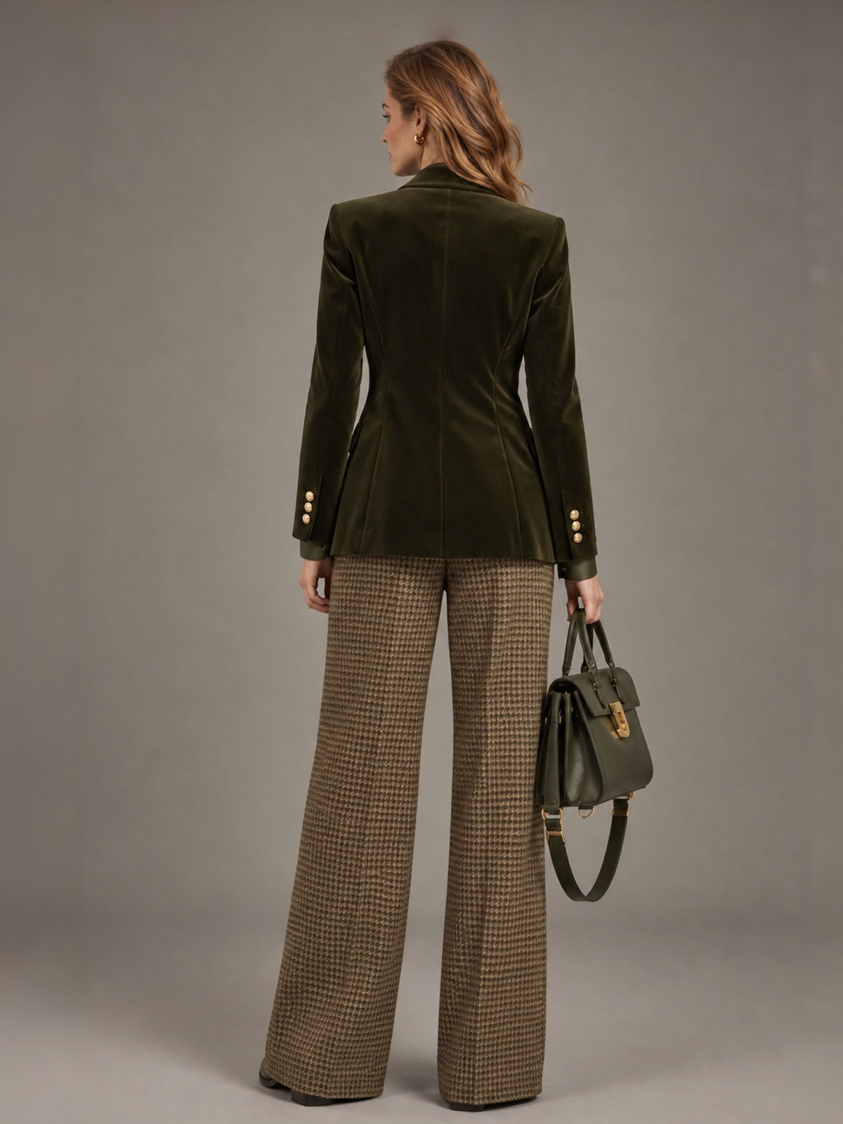 Olive Green Peak Lapel Double-Breasted Four-Button Velvet Blazer & Khaki Plaid Wide Leg Pants 2-Piece Suit