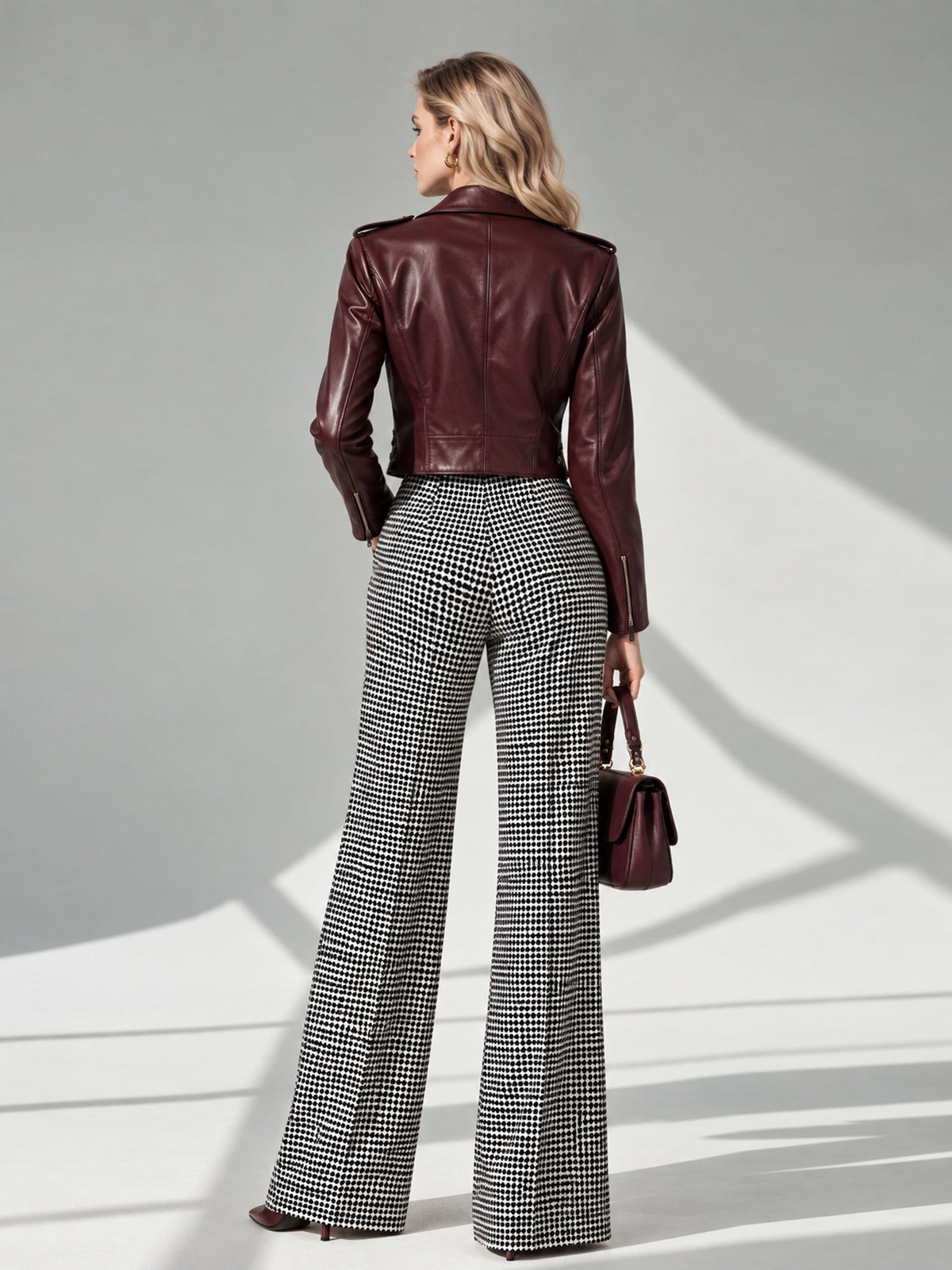 Burgundy Notch Lapel Zip‑Up Short Jacket & Black White Houndstooth Wide Leg Pants 2‑Piece Set