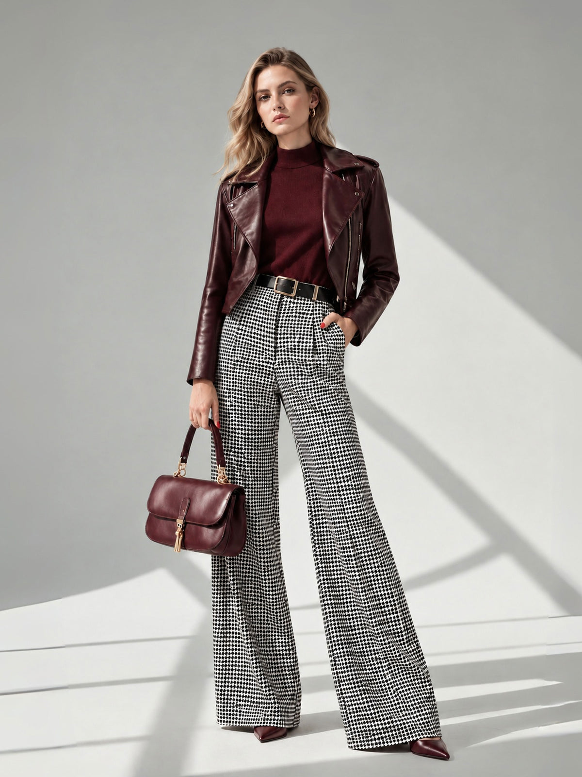 Micro Houndstooth High Waist Wide Leg Pants, Tailored Trousers