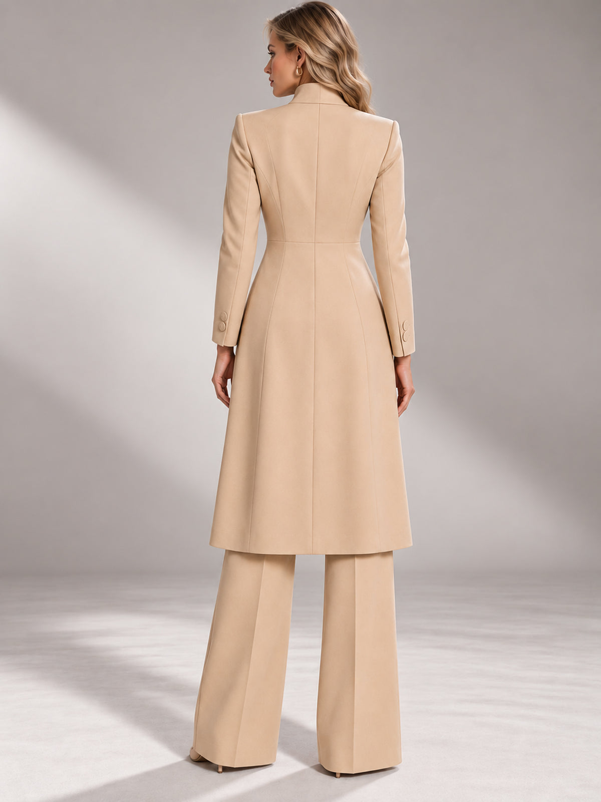 Beige Mandarin Stand Collar Single-Button Long Tail Coat Blazer & Flared Trousers Pants 2-Piece Suit