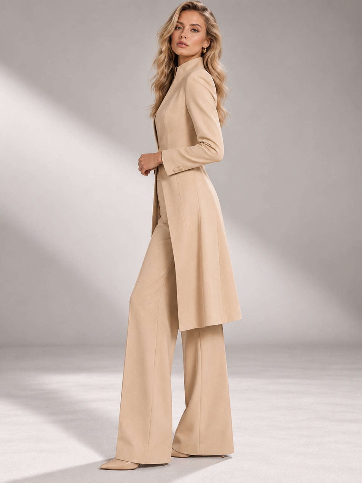 Beige Mandarin Stand Collar Single-Button Long Tail Coat Blazer & Flared Trousers Pants 2-Piece Suit