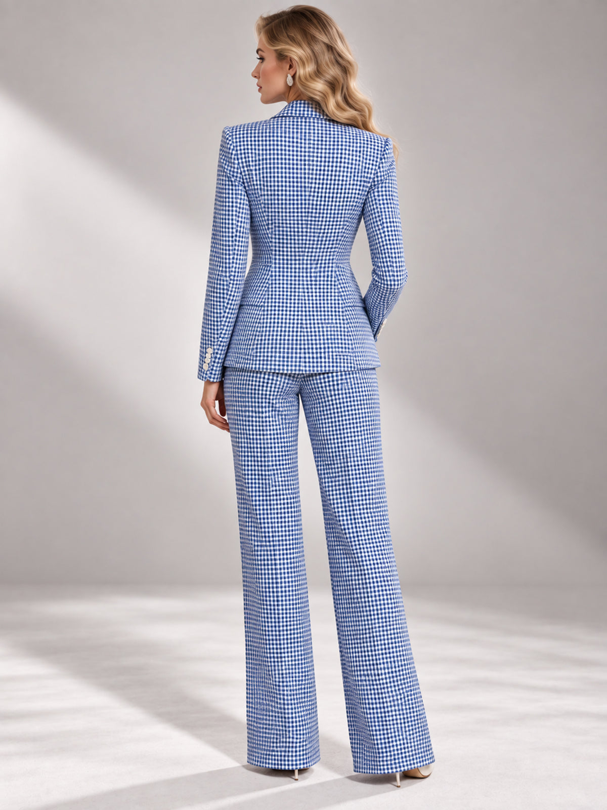 Blue & White Gingham Check Peak Lapel Blazer & Flared Trousers 2-Piece Suit