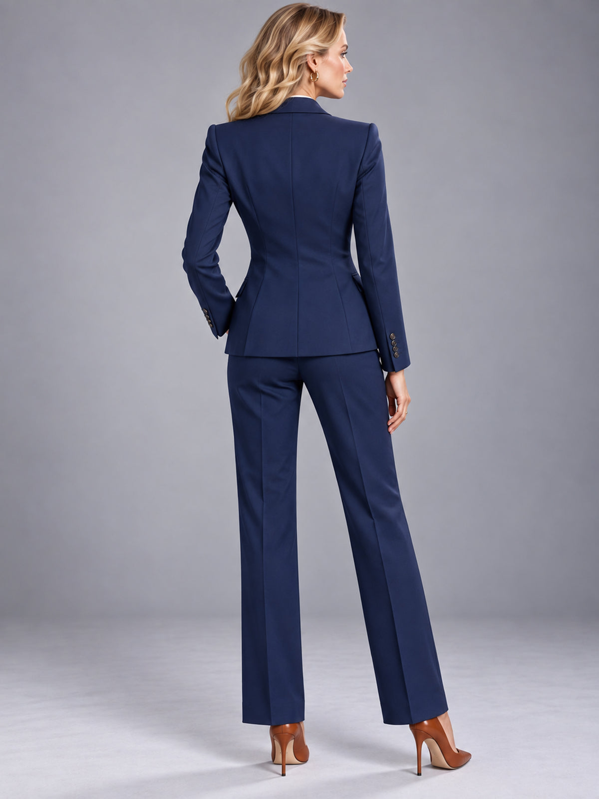 Navy Tailored Blazer & High Waist Straight Pants 2-Piece Suit