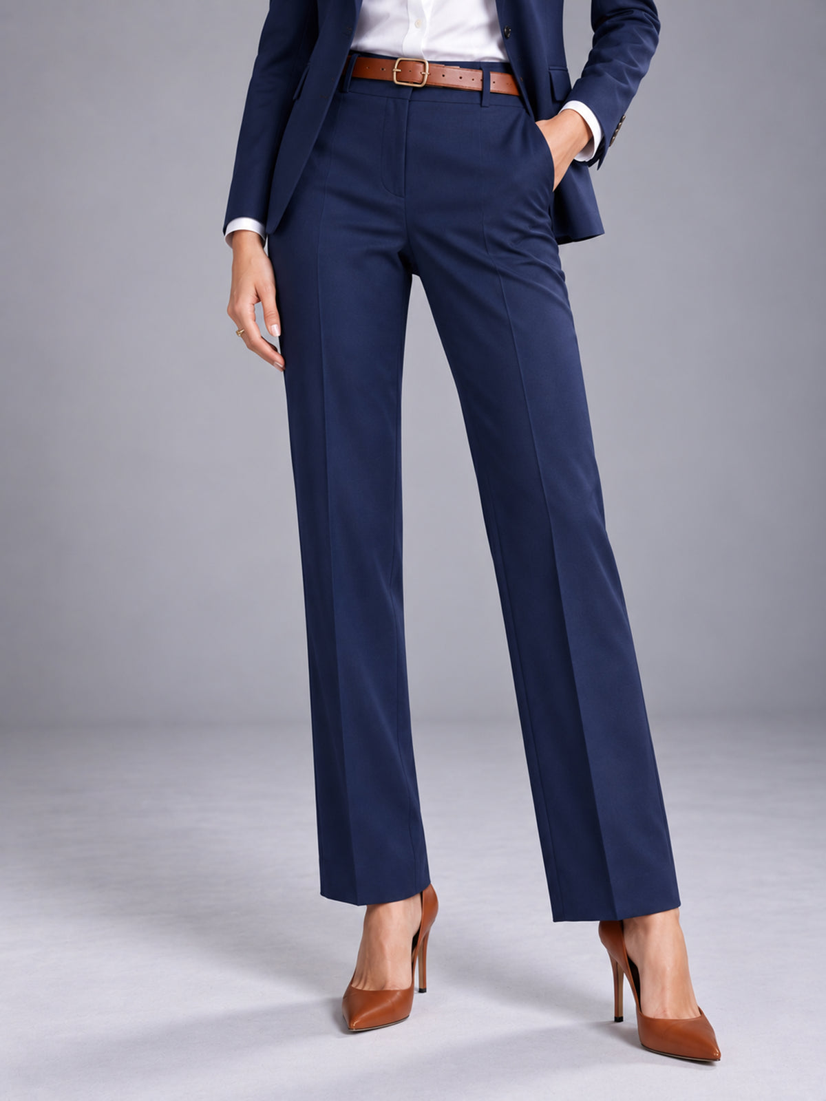 Navy Tailored Blazer & High Waist Straight Pants 2-Piece Suit