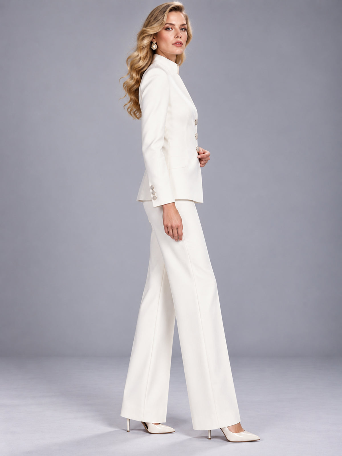 Cream Stand-Collar Tailored Blazer & Wide-Leg Trousers 2-Piece Suit