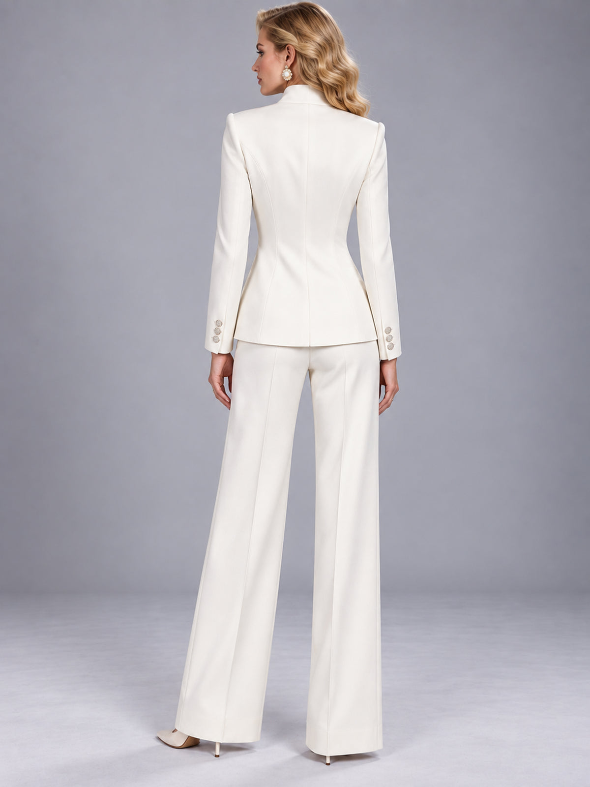 Cream Stand-Collar Tailored Blazer & Wide-Leg Trousers 2-Piece Suit