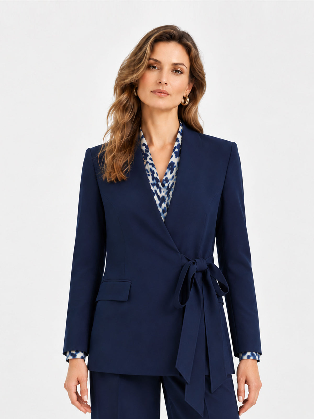 Navy V‑Neck Straight Tie‑Waist Blazer & Wide Leg Trousers 2-Piece Suit