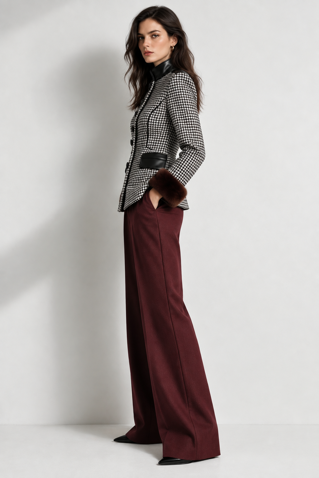 Houndstooth Tweed Stand Collar Single Breasted Blazer & Dark Red Wide Leg Trousers 2-Piece Suit