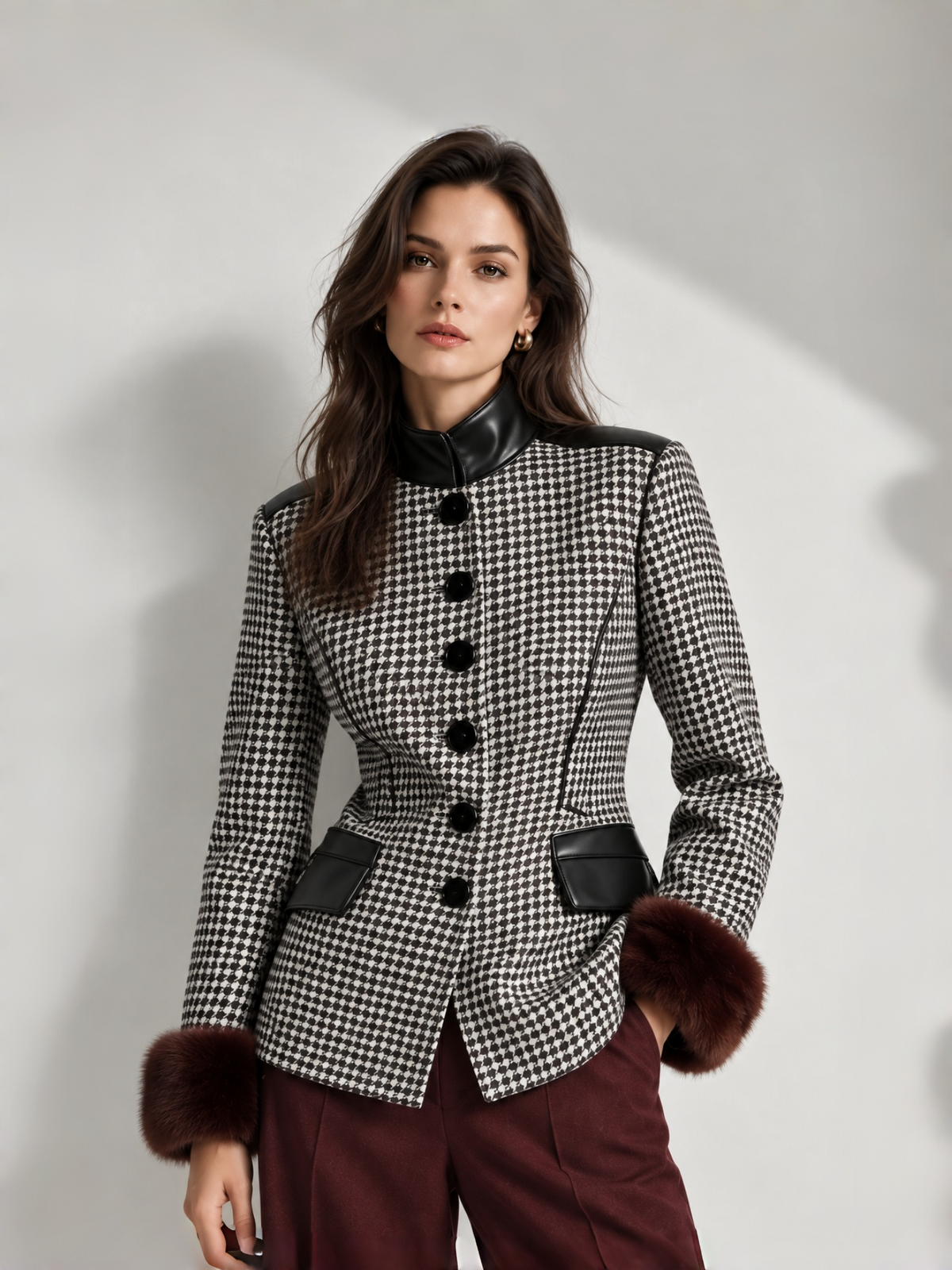 Houndstooth Tweed Stand Collar Single Breasted Blazer & Dark Red Wide Leg Trousers 2-Piece Suit
