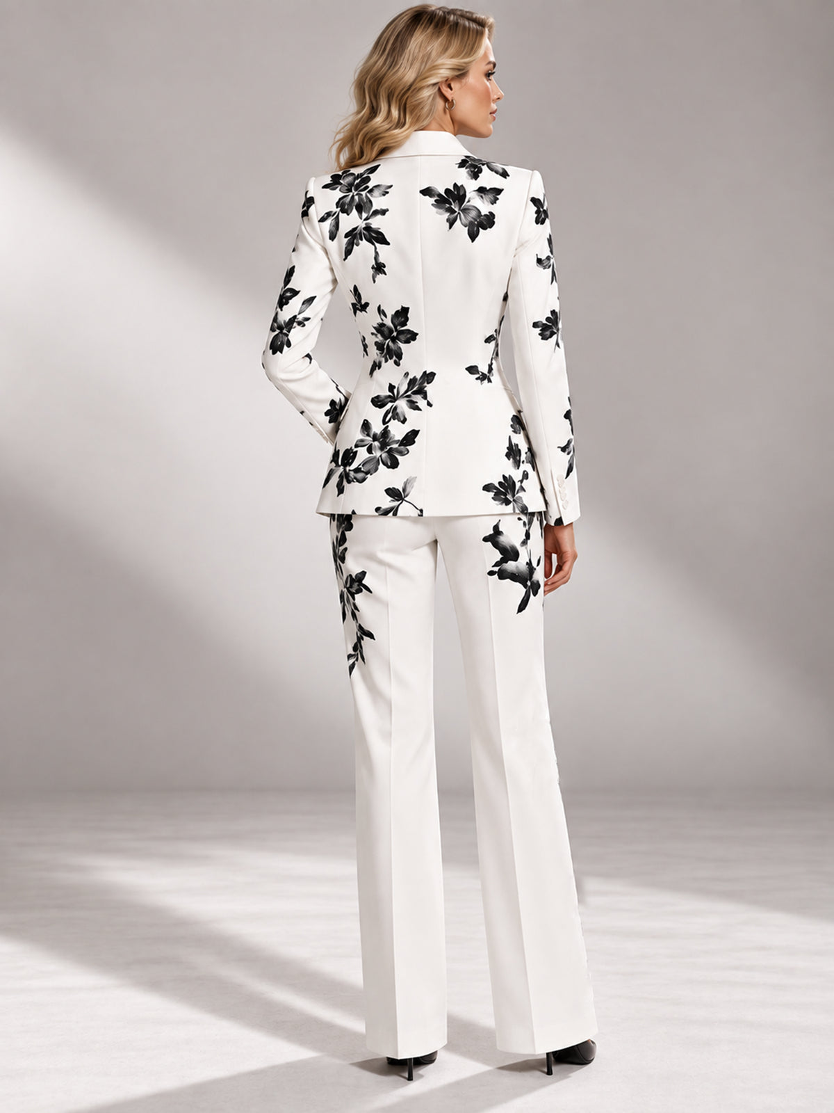 White Black Floral Print Notch Lapel Blazer & High Waist Wide Leg Pants 2-Piece Suit