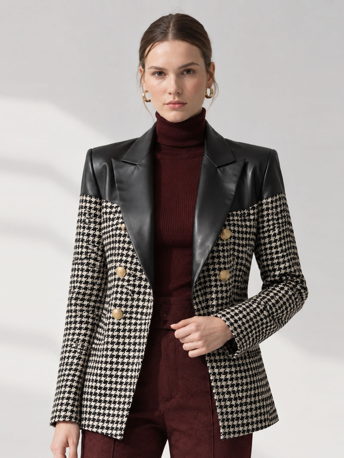 Houndstooth Tweed Double Breasted Faux Leather Panel Blazer & Dark Red Wide Leg Trousers 2-Piece Suit
