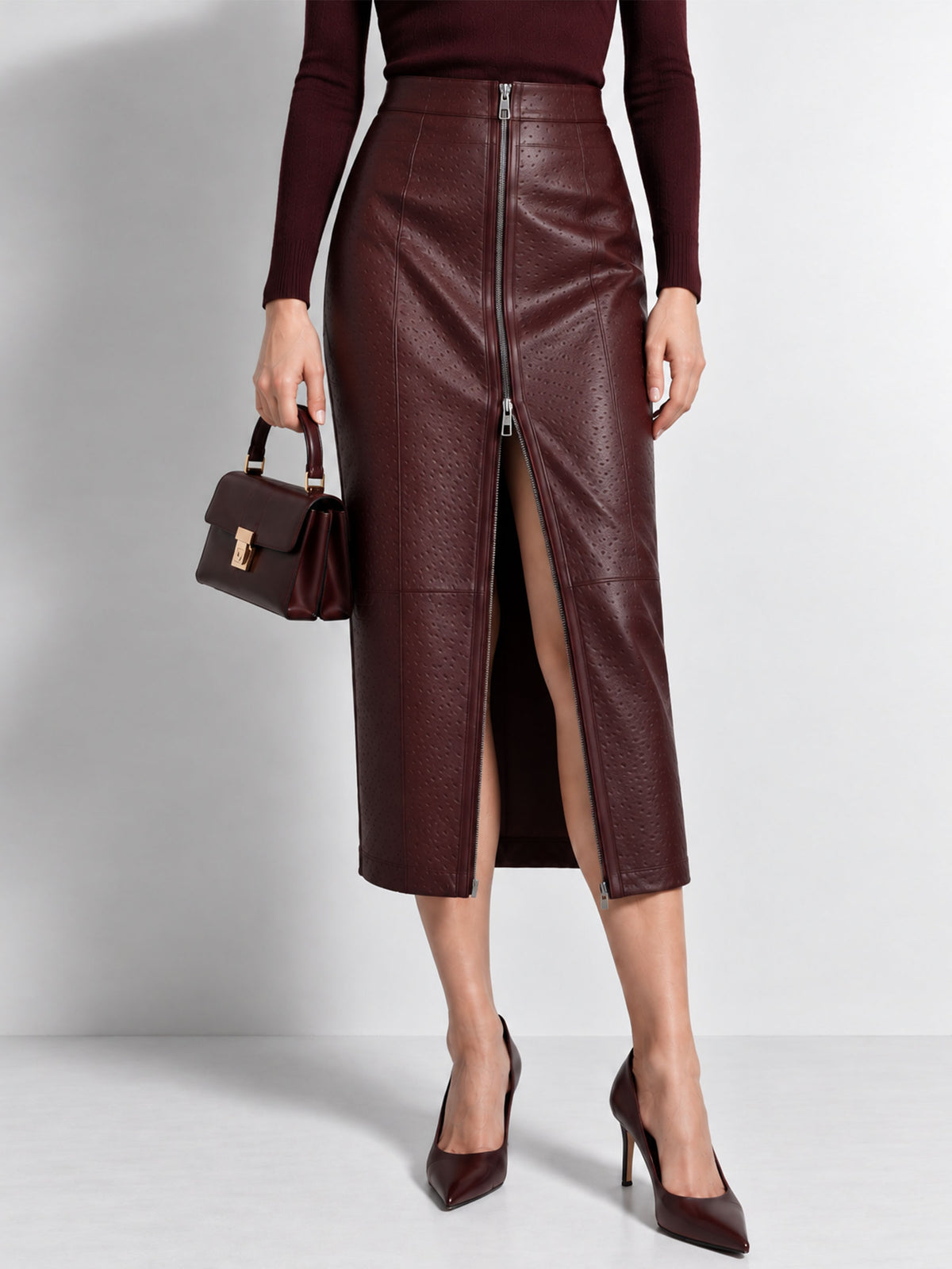 Dark Red  Faux Leather Front Zipper Midi Skirt