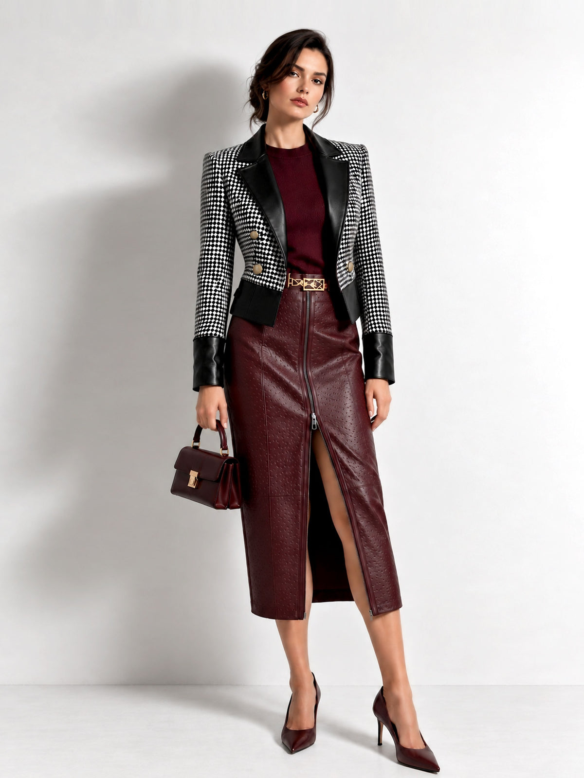 Dark Red  Faux Leather Front Zipper Midi Skirt