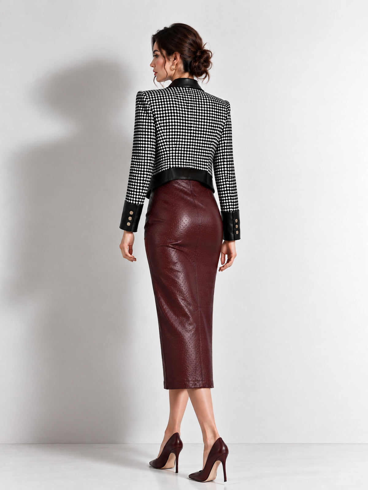 Black White Houndstooth Tweed Notched Lapel Double Breasted Cropped Blazer & Faux Leather Midi Bodycon Skirt 2-Piece Suit
