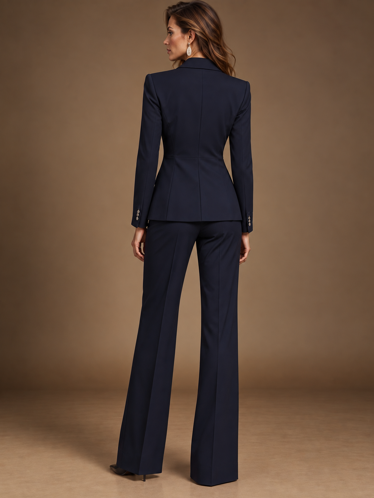 Navy Blazer With Notch Lapel And High Waist Flared Pants 2-Piece Suit