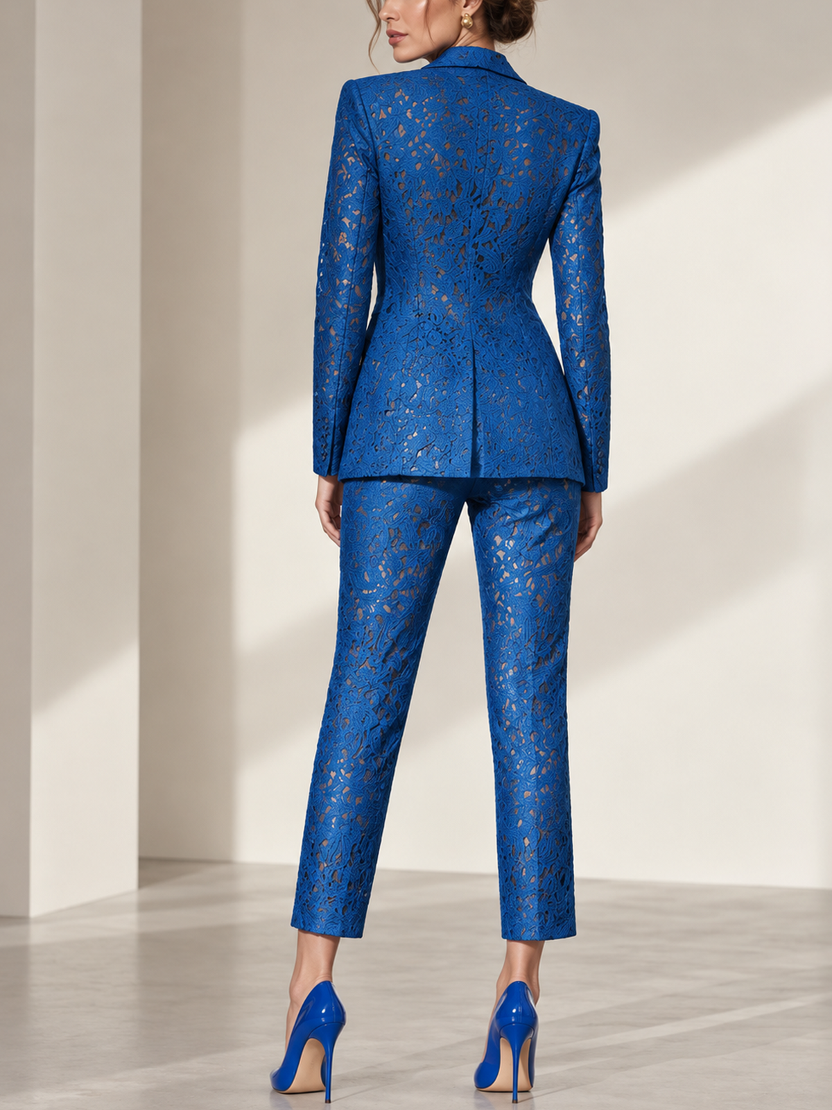 Blue Lace Blazer With Notch Lapel And High Waist Cropped Ankle Pants 2-Piece Suit