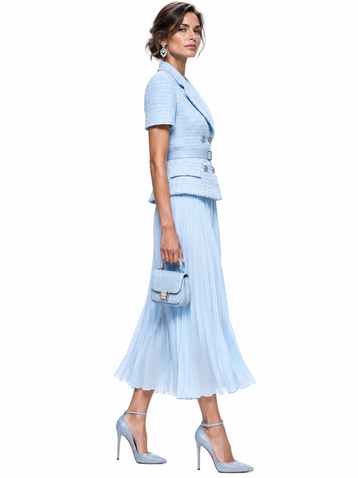 Light Blue Tweed Notch Lapel Blazer And Pleated Midi Skirt 2-Piece Suit