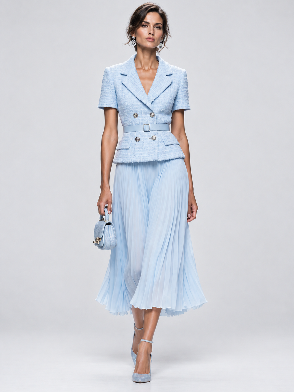Light Blue Tweed Notch Lapel Blazer And Pleated Midi Skirt 2-Piece Suit