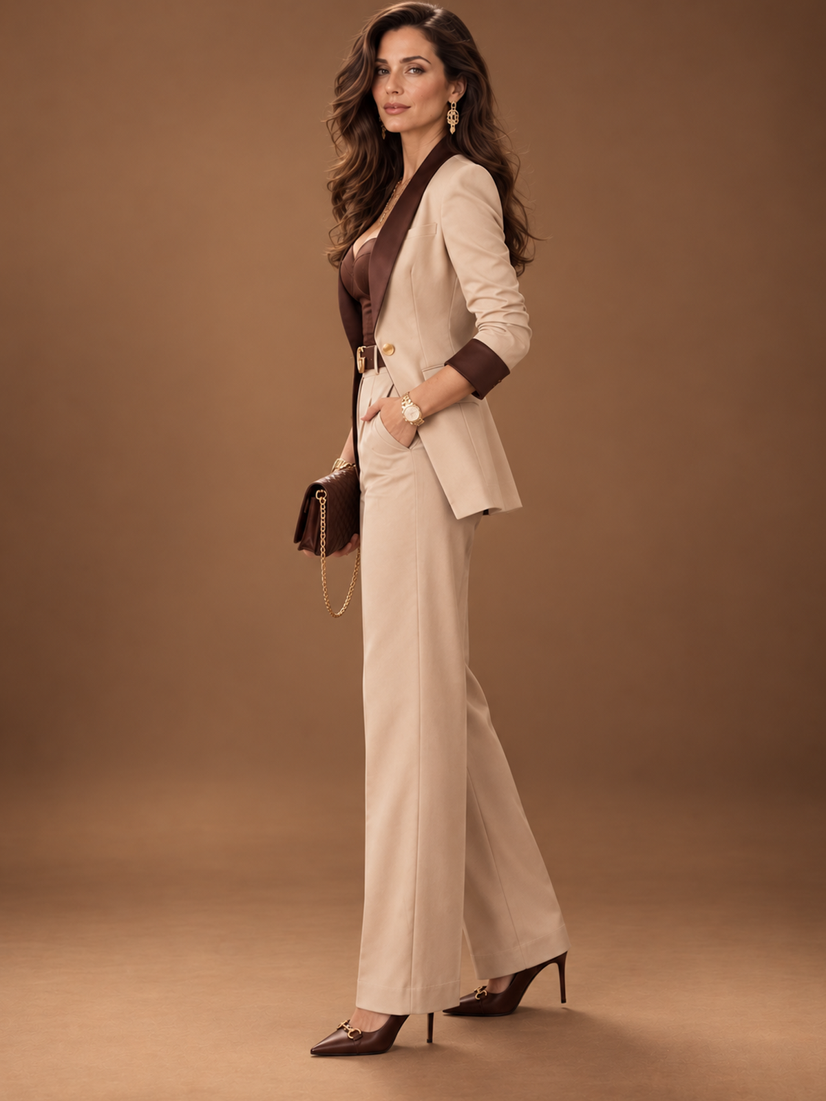 Beige Blazer With Satin Contrast Shawl Lapel And High Waist Wide Leg Pants 2-Piece Suit