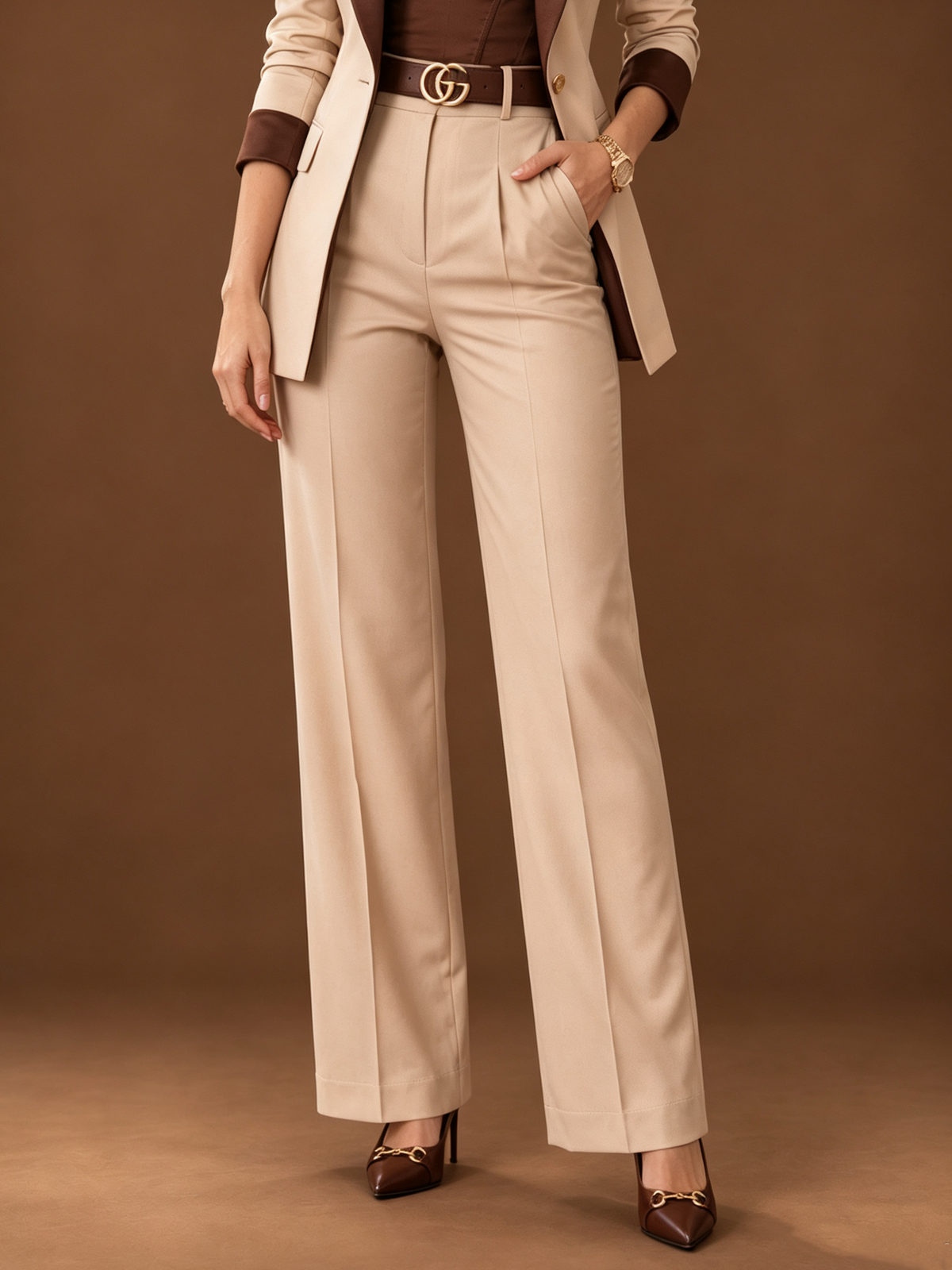 Beige Blazer With Satin Contrast Shawl Lapel And High Waist Wide Leg Pants 2-Piece Suit